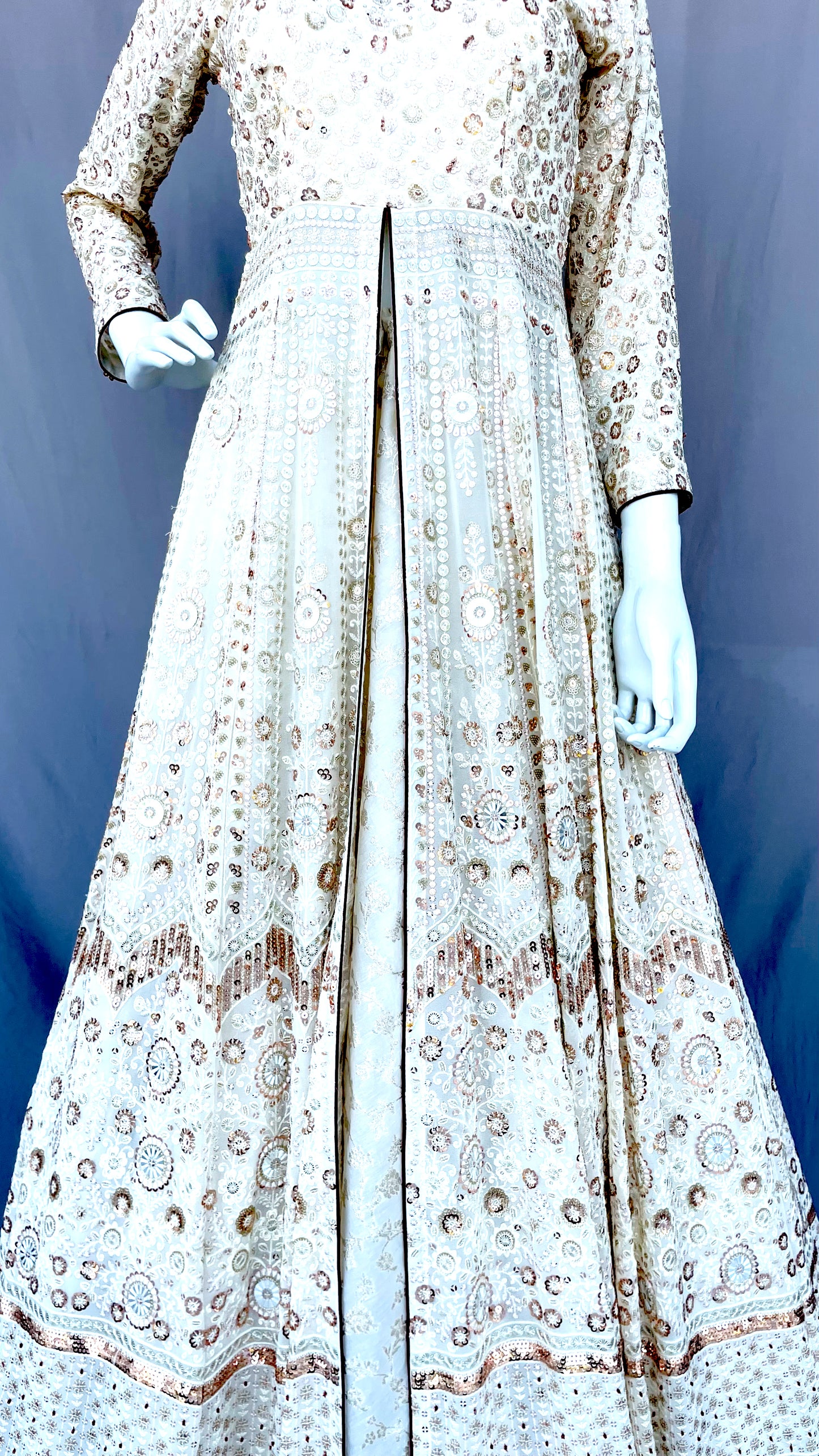 Off White Flared Pure Georgette Long Gown with Dupatta, Pure Chanderi Silk Indian Long Dress, Embroidered, Bridal Wear, Wedding Wear