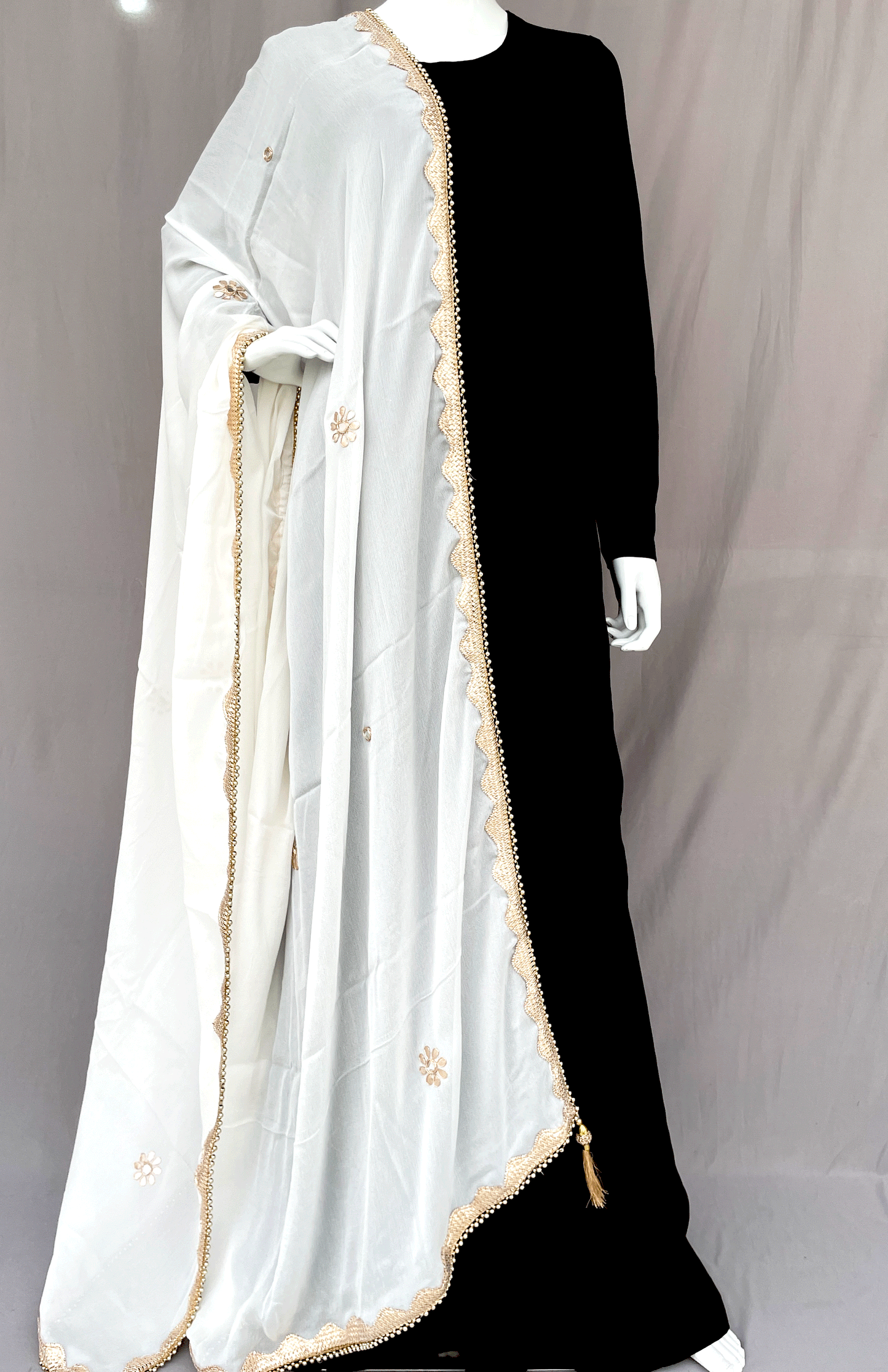 White Pure Chinon Dupatta with Gota patti Handwork Floral Mirror Work Hand Embroidery Rajasthani Stole Wrap ACD21744