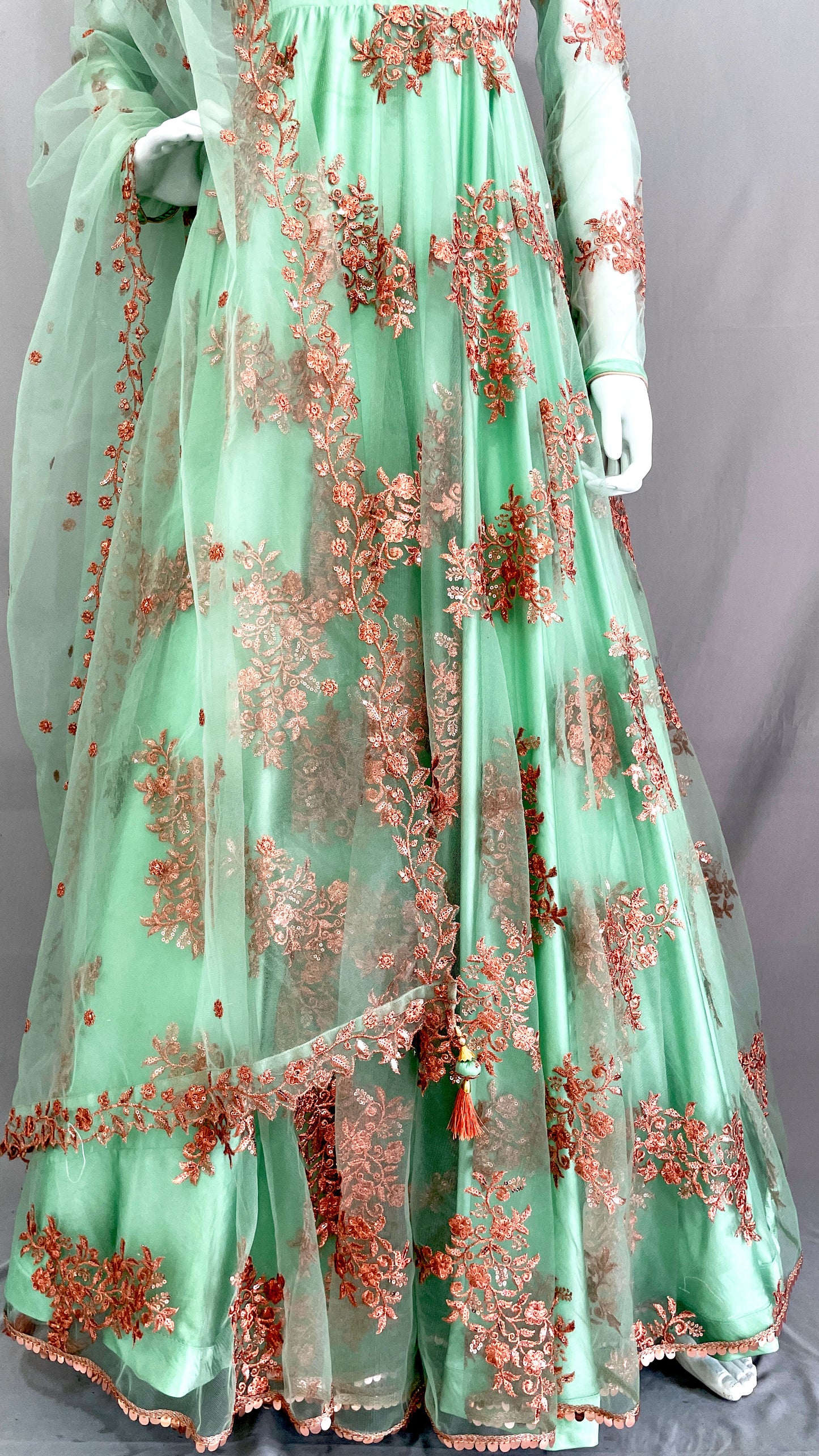 Green Flared Net Long Gown with Dupatta, Indian Long Dress, Embroidery, Bridesmaid, Mehendi, Haldi, Wedding Wear