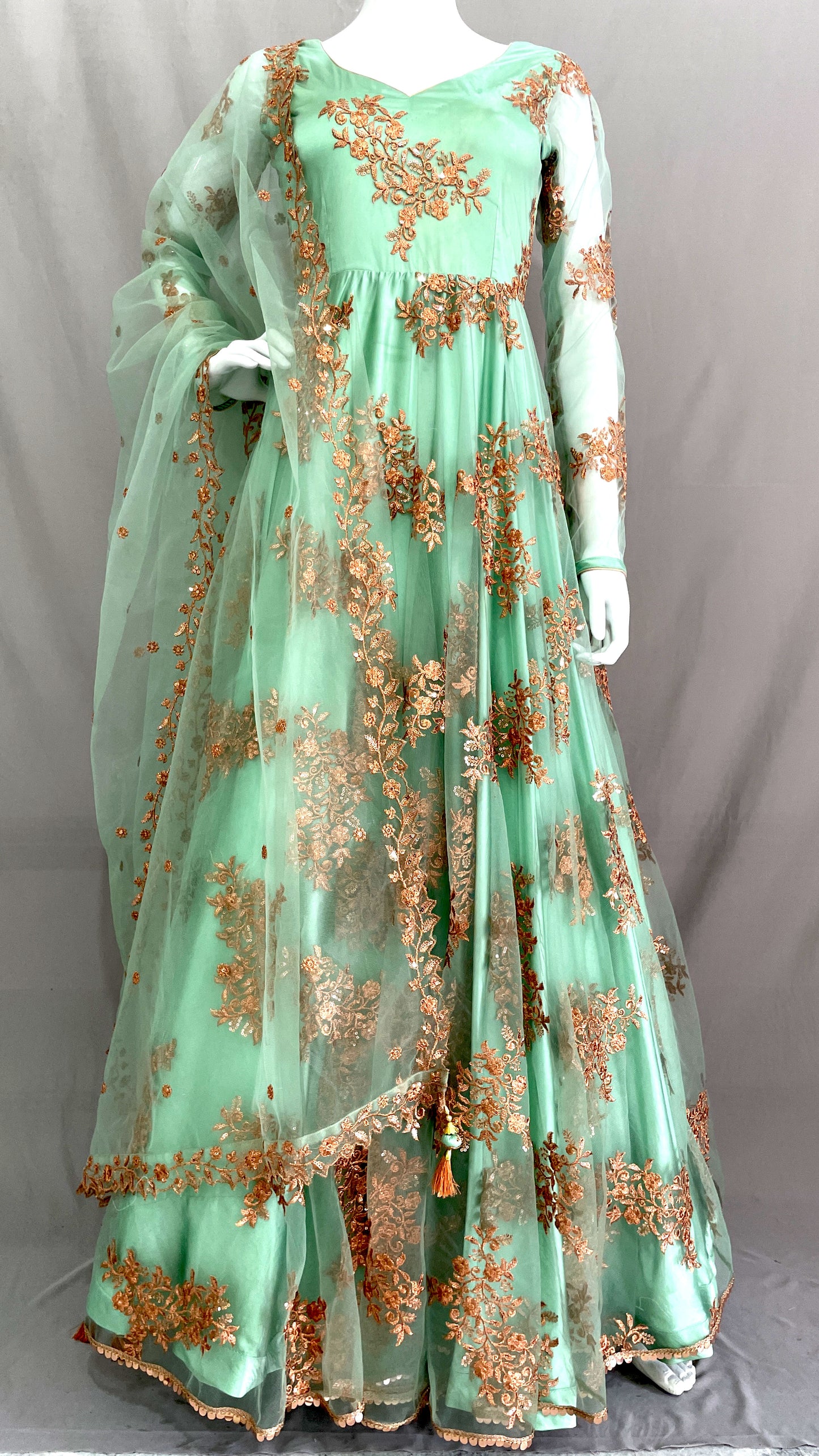 Green Flared Net Long Gown with Dupatta, Indian Long Dress, Embroidery, Bridesmaid, Mehendi, Haldi, Wedding Wear