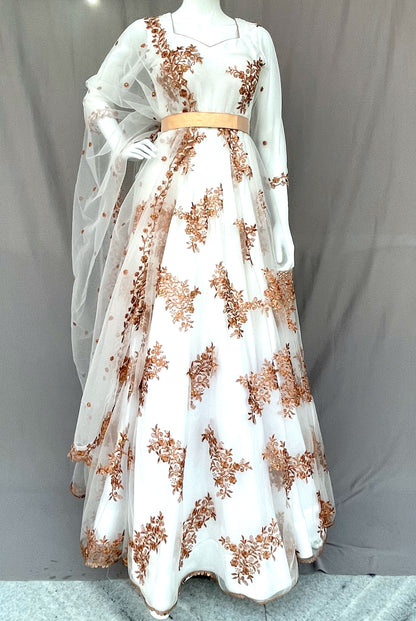 White Flared Net Long Gown with Dupatta, Indian Long Dress, Embroidery, Bridesmaid, Wedding Wear