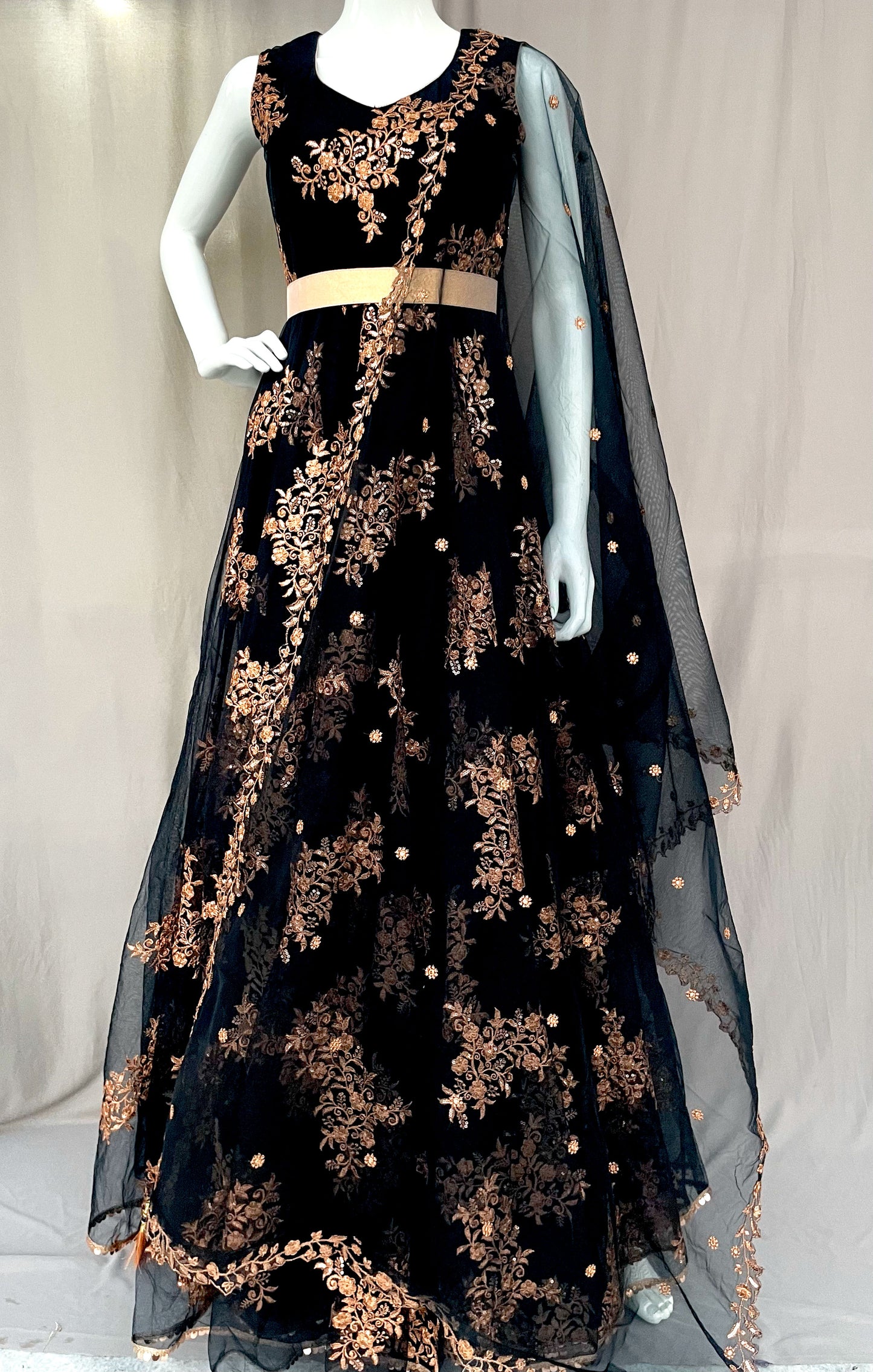 Black Flared Net Long Gown with Dupatta, Indian Long Dress, Embroidery, Party wear