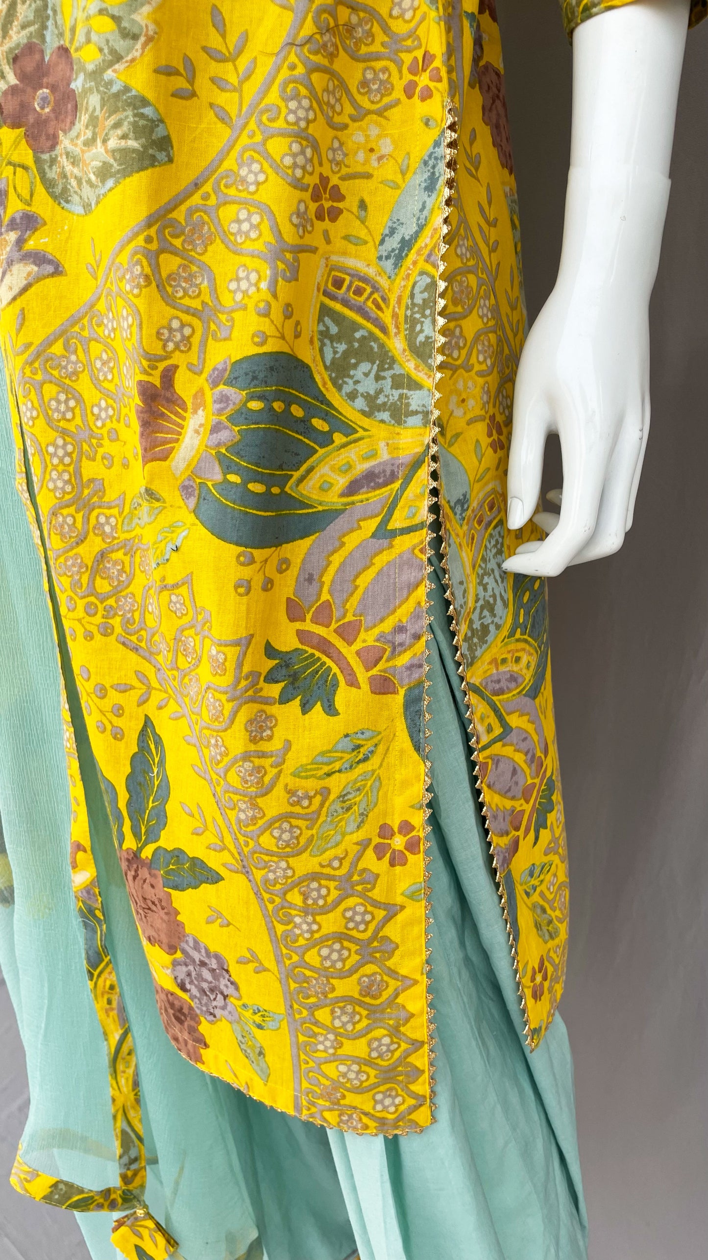 Yellow and Cyan Pure Cotton Indian Straight Pant Suit