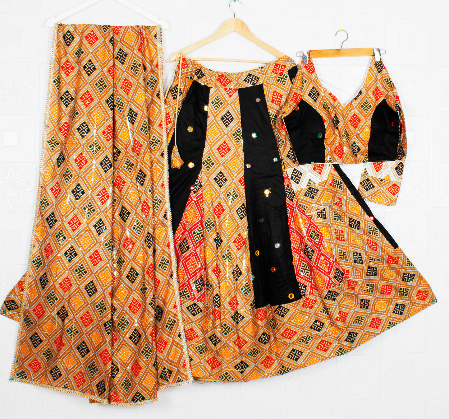 Black and Beige Gujarati Chaniya Choli/Lehenga Dress with Multicolor Patterns Wedding Festival Gujarati Embroidery Border Indian Fashion