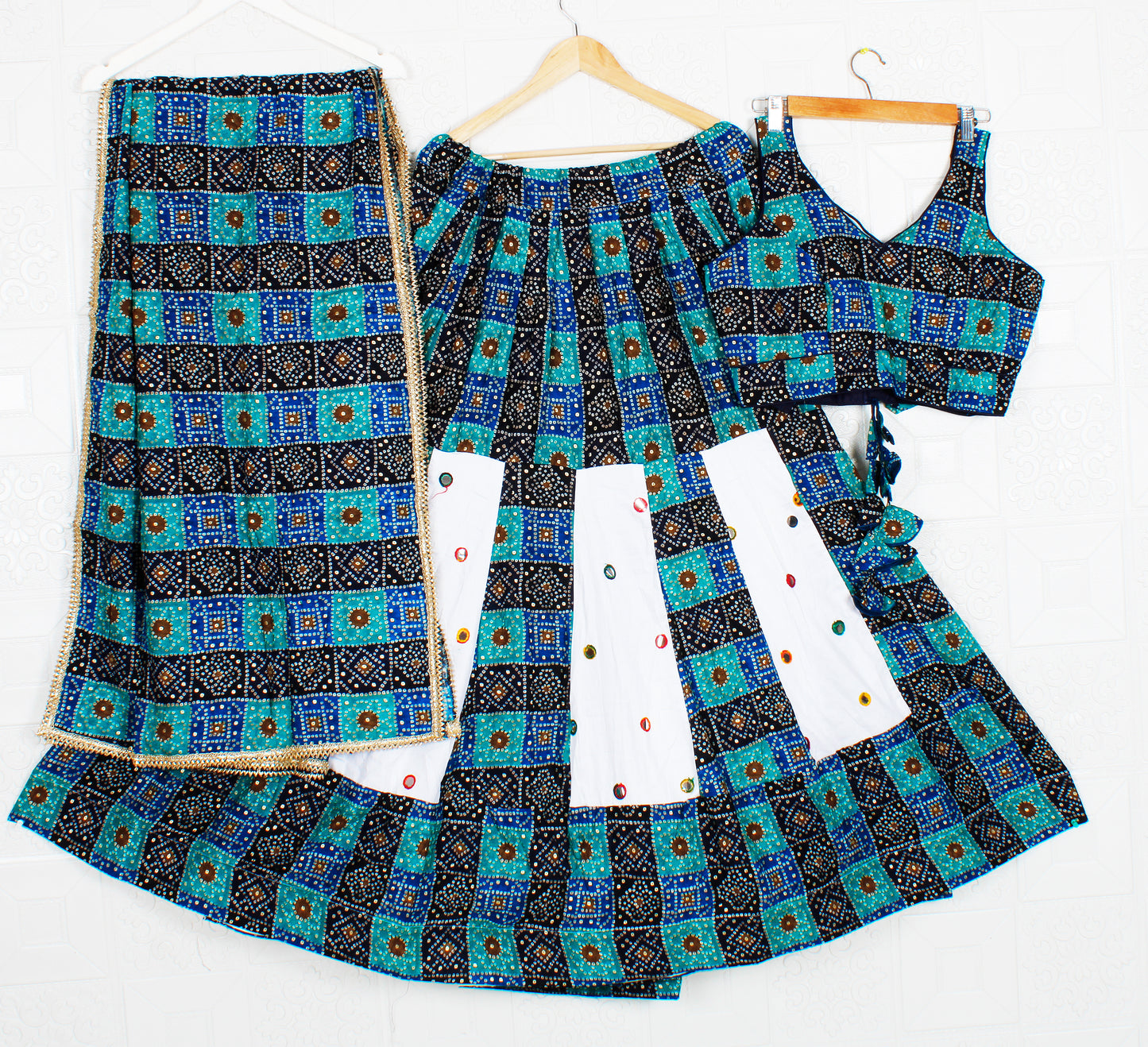 Peacock Blue and White Gujarati Chaniya Choli/Lehenga Dress with Multicolor Shining, Dandiya Dress, Navratri Dress, Garba Dress