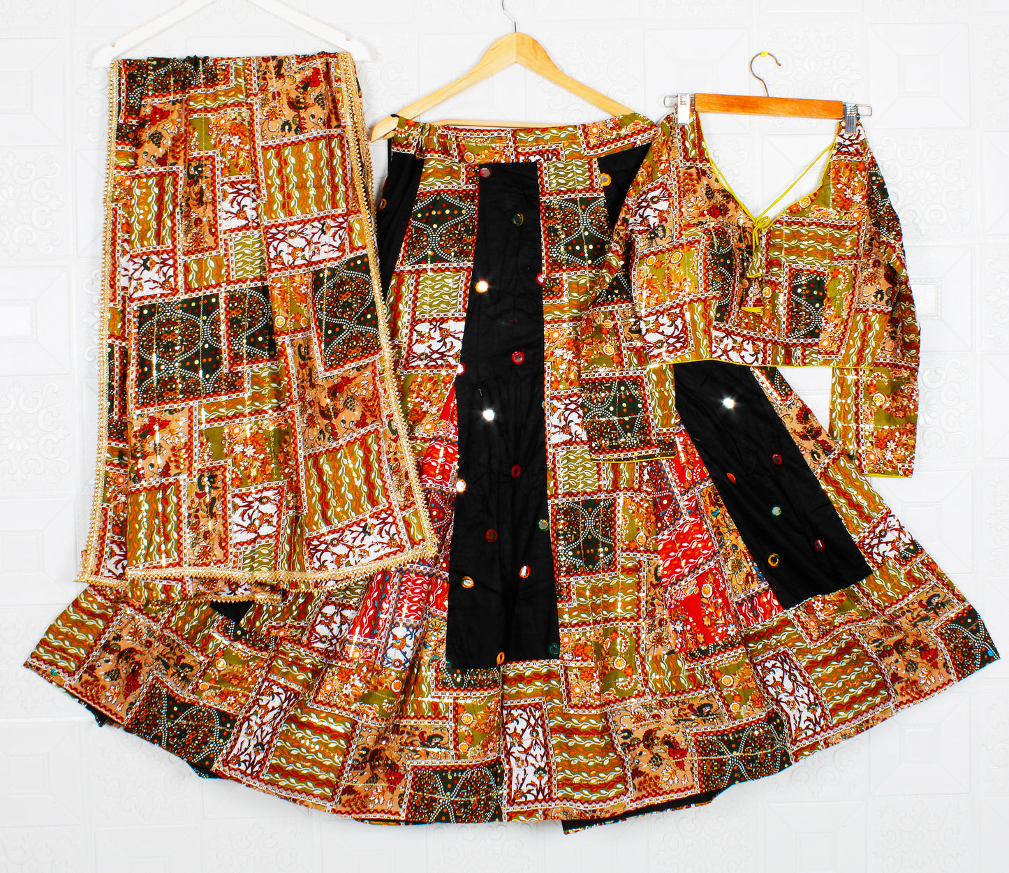 Black and Brown Gujarati Chaniya Choli/Lehenga Dress with Multicolor Patterns Wedding Festival Gujarati Embroidery Border Indian Fashion