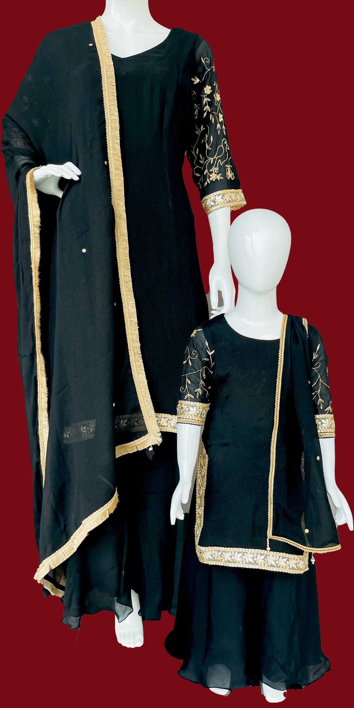 Black Pure Chinon with Golden Embroidery Garara or Sharara Suit with Dupatta, Ethnic Kids wear 15AL23SU60