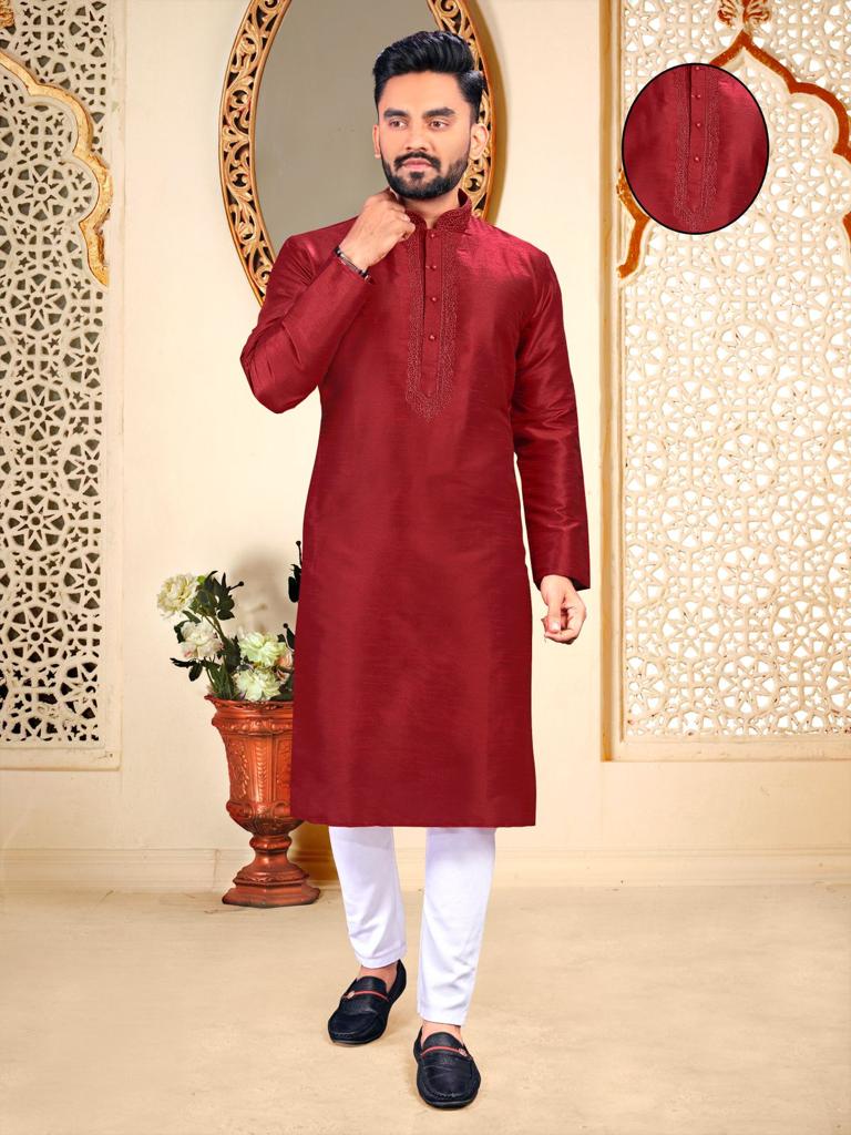 Maroon Men Kurta Pajama, Men Indian Wear, Aari Work Kurta Pajama, Silk Kurta Pajama