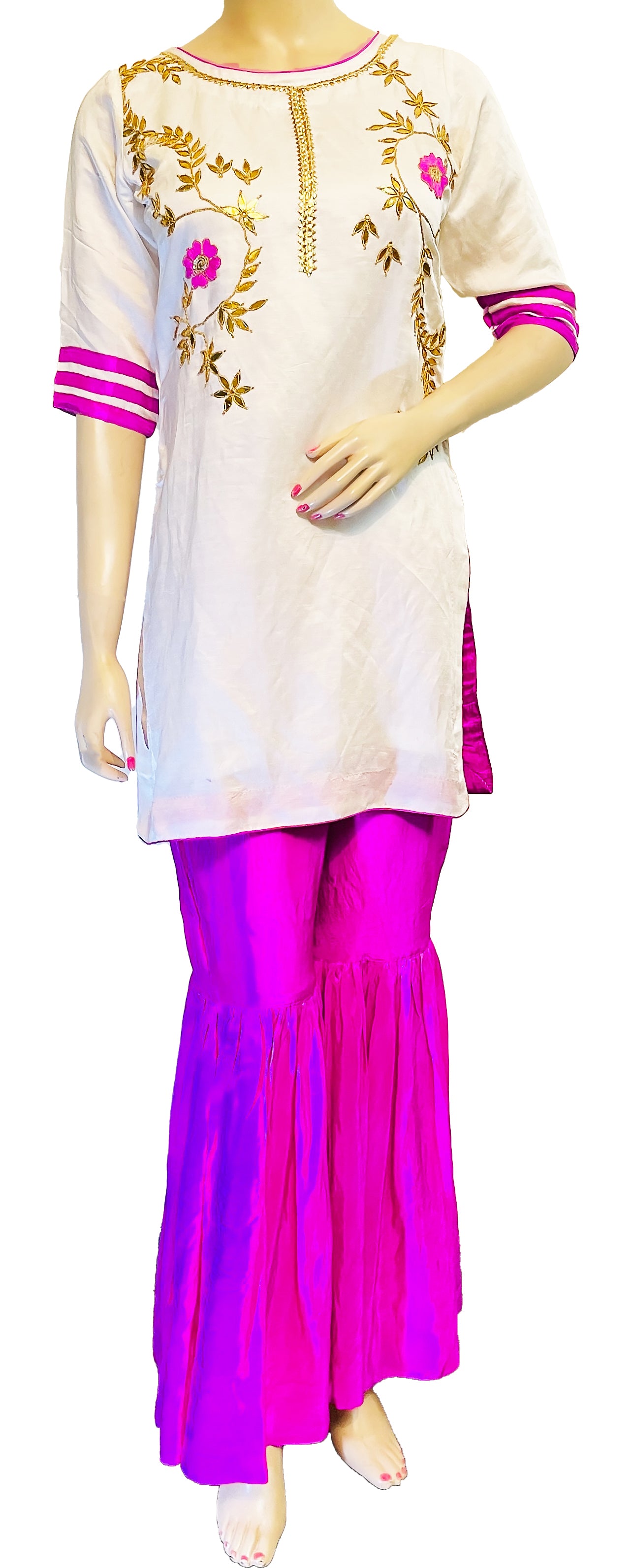 White & Pink Color Hand embroidered Kurti & Gharara Palazzo Pant with Dupatta set