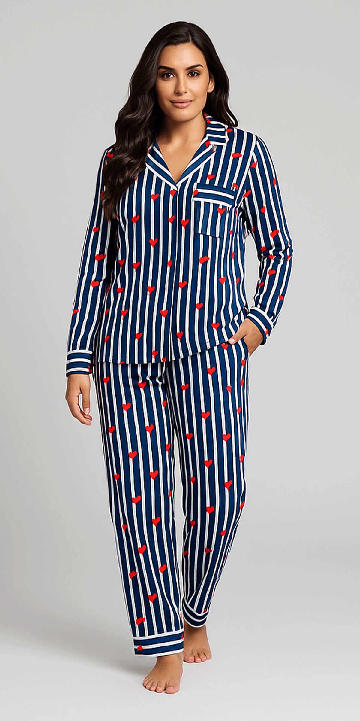 Navy Blue Stripe Pajamas, Pajamas for women, Heart print Pjs, Christmas pajamas, Christmas gift for women, Mother's Day gift, Valentine day gift, Valentine gift for her, Gift for mother, Blue Striped Night Suit, Heart print night suit, Sleepover party night suit, Blue Loungewear, Slumber party dress, Blue Heart Night suits gift for her.