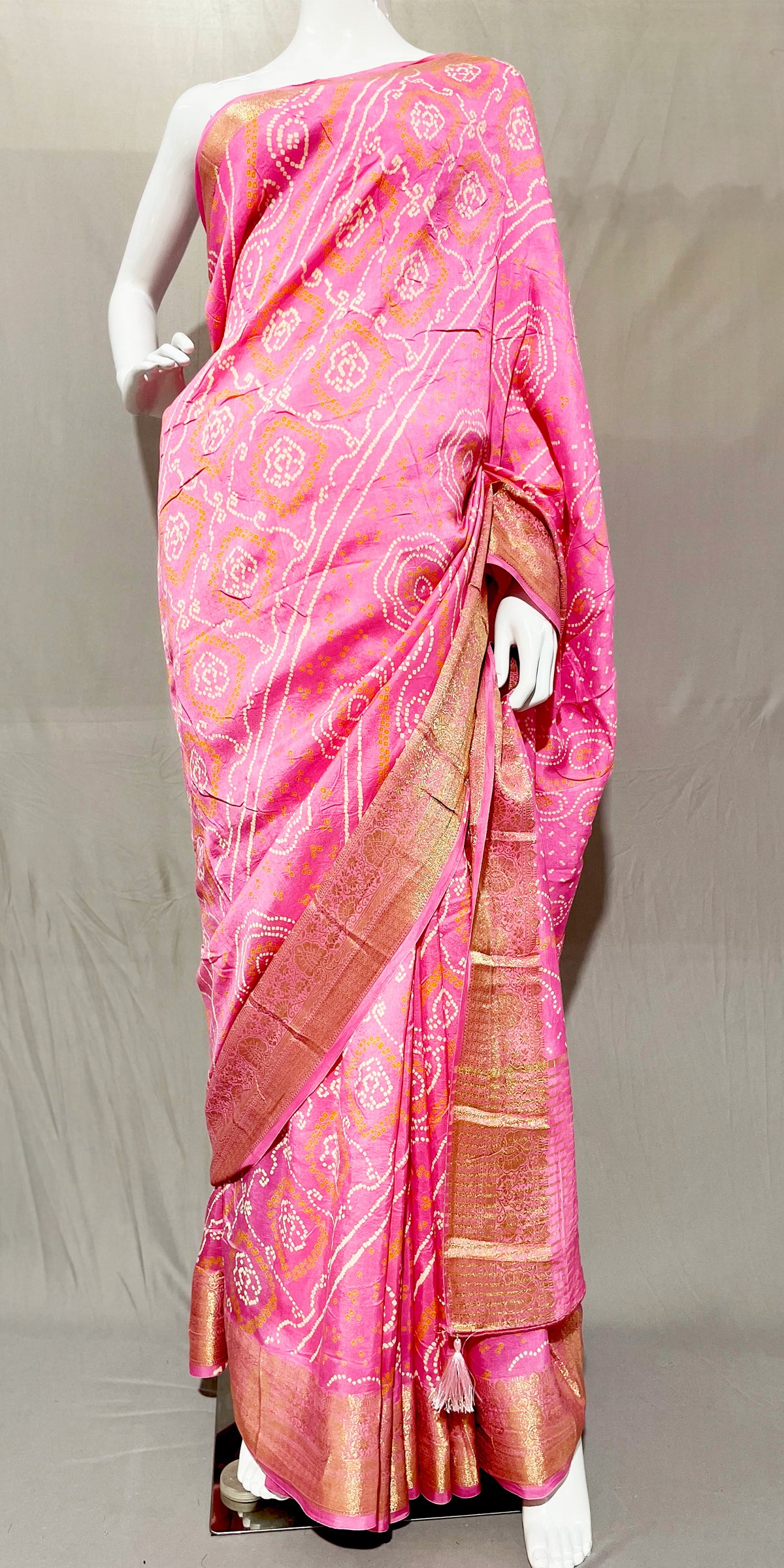 Lavender Pink Bandhani Sari, Bhandej Silk Saree, Jaipuri print Saree