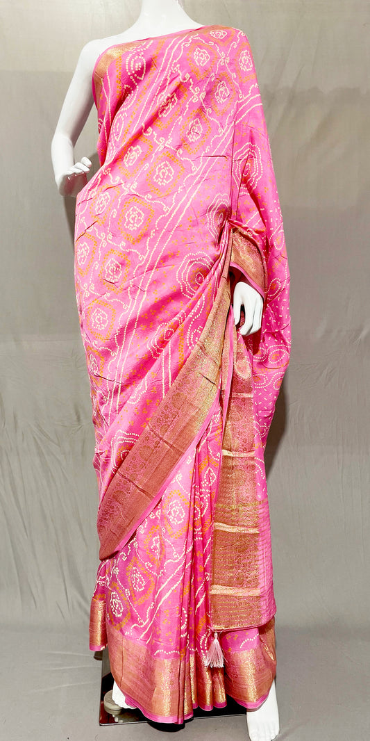 Lavender Pink Bandhani Sari, Bhandej Silk Saree, Jaipuri print Saree