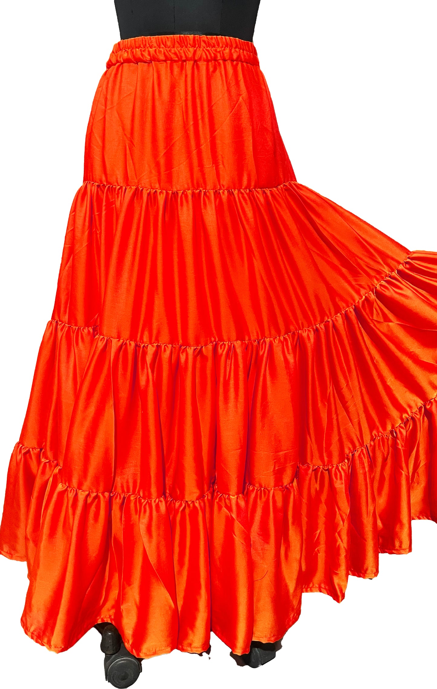 Red Tiered Silk Ankle Length Skirt Comfortable Elastic Waist Flared Layer