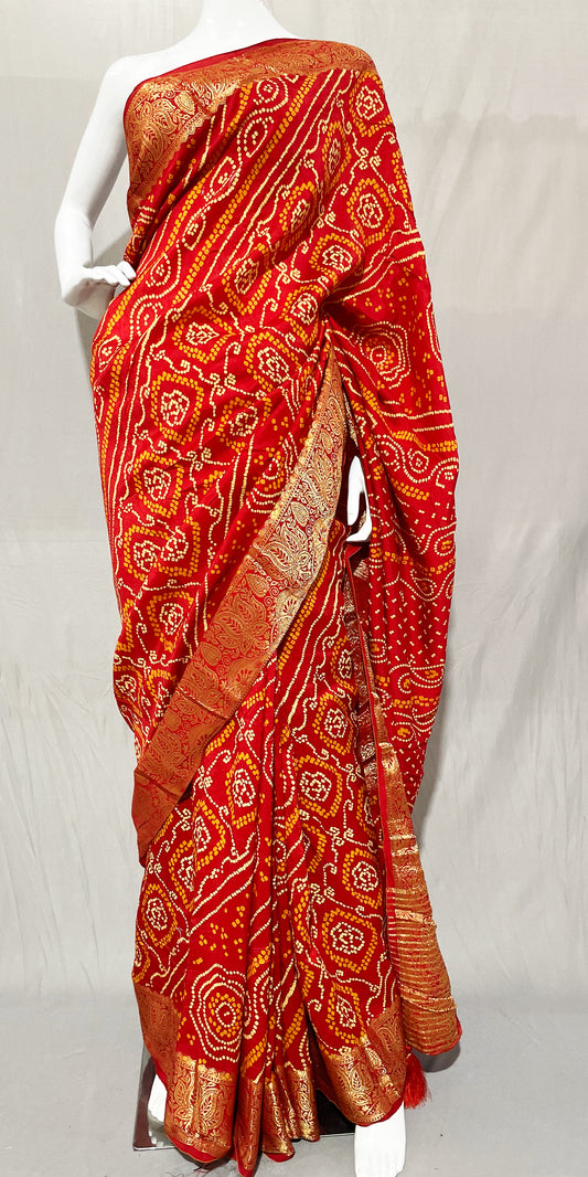 Red Orange Bandhani Sari, Bhandej Silk Saree, Jaipuri print Saree