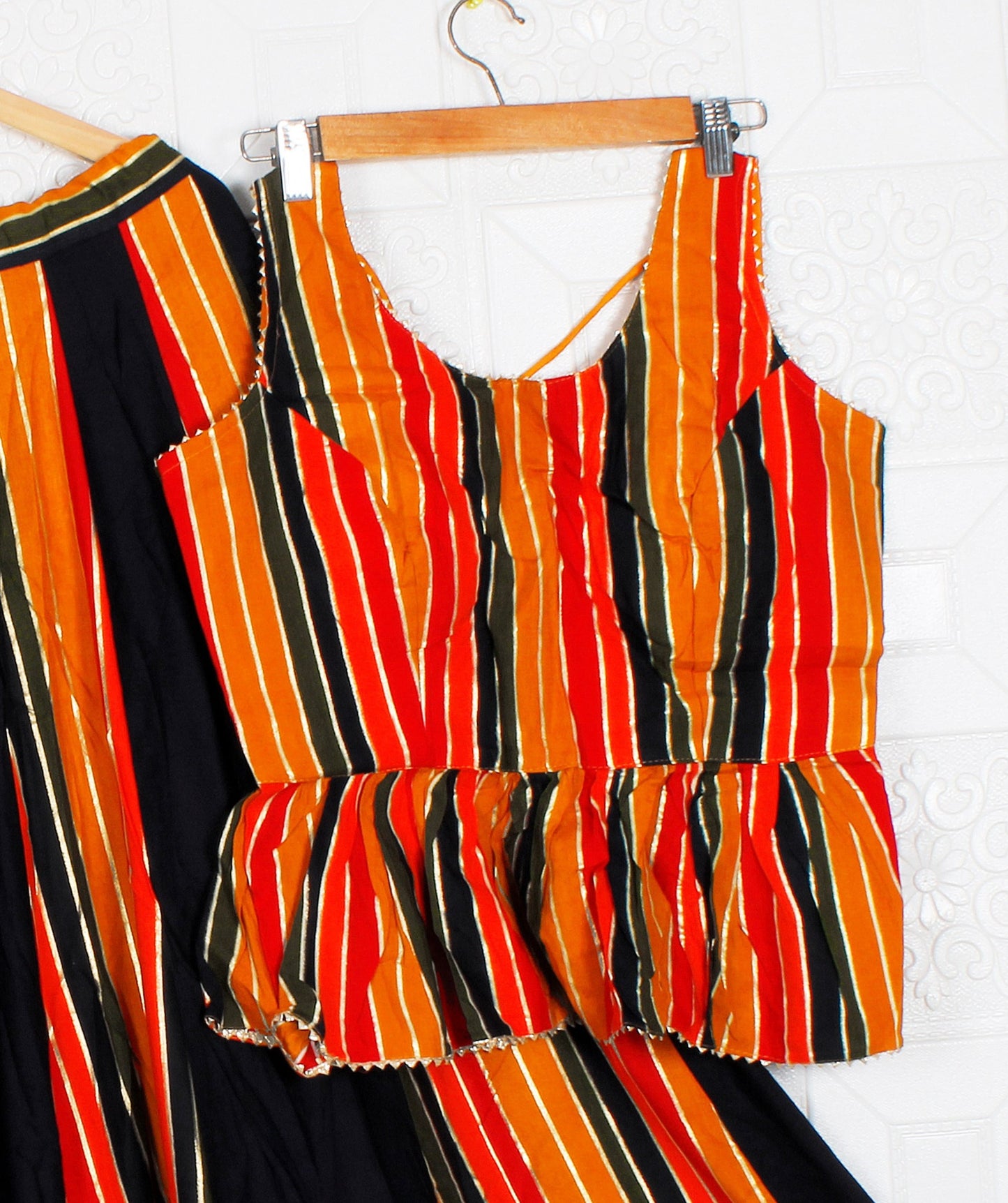 Black and Orange Striped Traditional Gujarati Chaniya Choli/Lehenga Dress, Lehenga, embroidery, Dandiya Dress, Navaratri Pooja, With Border