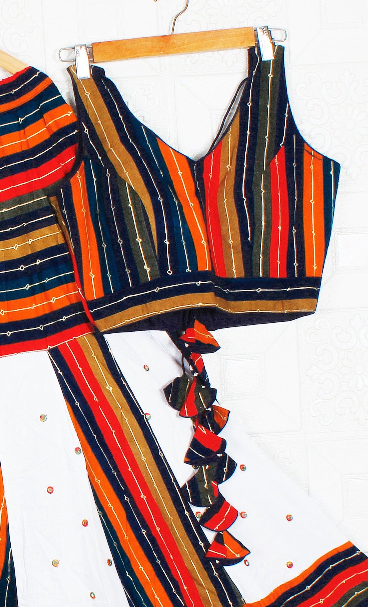 White and Orange Striped Traditional Gujarati Chaniya Choli/Lehenga Dress, Lehenga, embroidery, Dandiya Dress, Navaratri Pooja, With Border