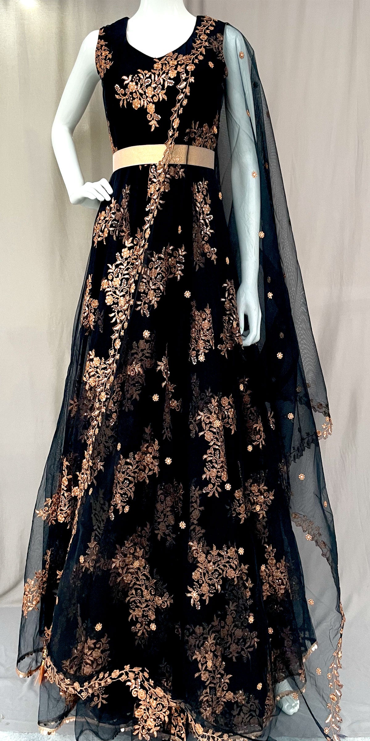 Black Flared Net Long Gown with Dupatta, Indian Long Dress, Embroidery CNP Associates LLC Black Flared Net Long Gown with Dupatta, Indian Long Dress, Embroidery CNP Associates LLC