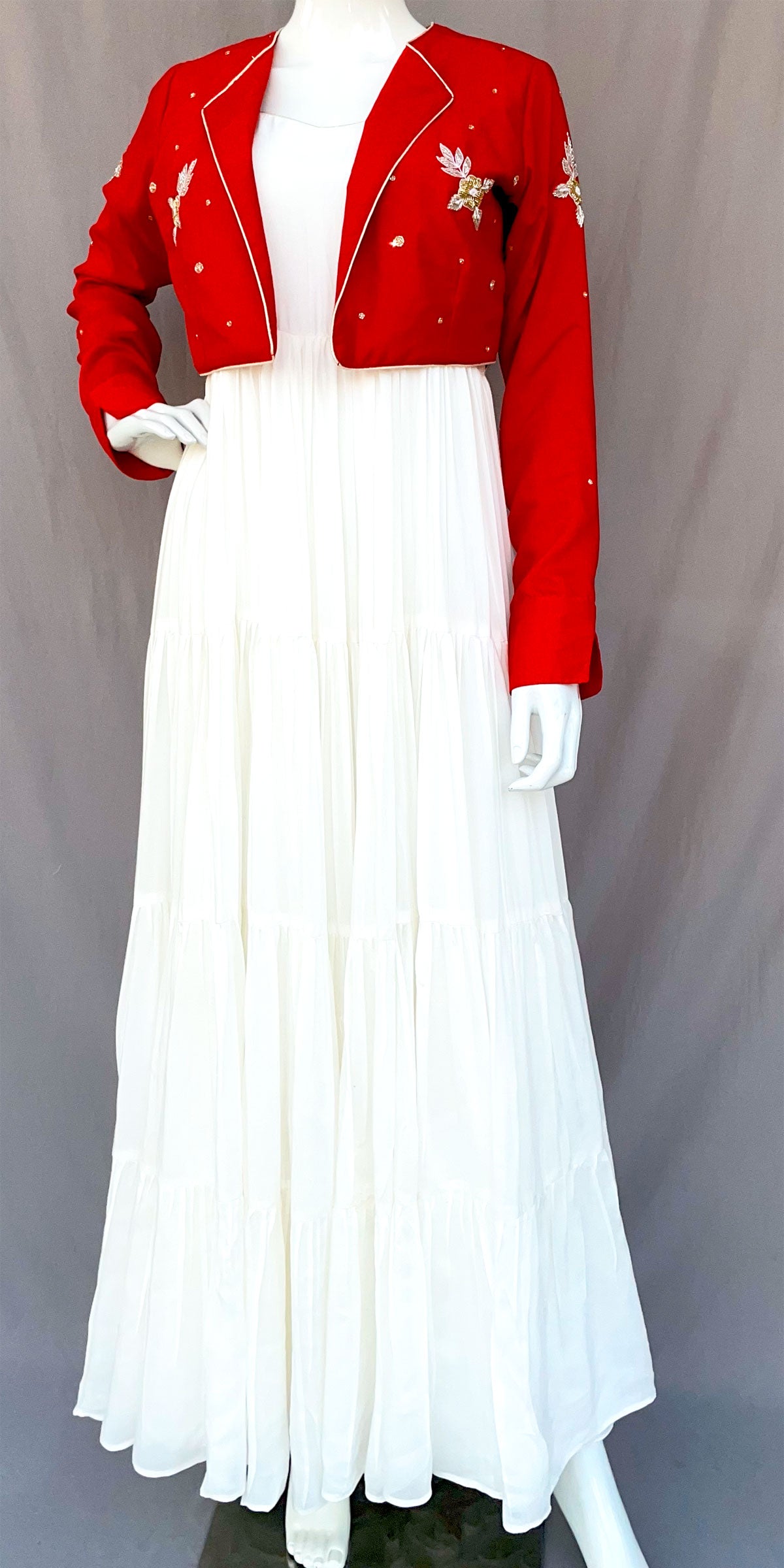 Red Hand Embroidered Jacket with White Flared Four Tiered Pure Muslin CNP Associates LLC Red Hand Embroidered Jacket with White Flared Four Tiered Pure Muslin CNP Associates LLC