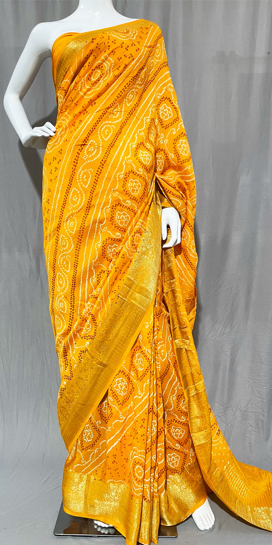 Bright Yellow Bandhani Sari, Bhandej Silk Saree, Jaipuri print Saree