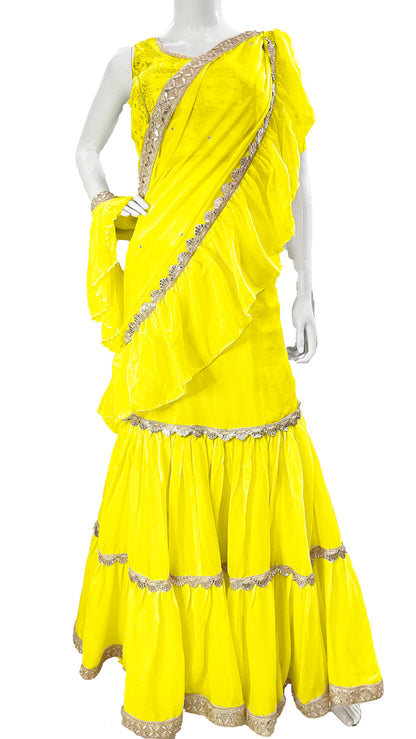 Bright yellow Pure Chinon Saree, Ready to wear Sari, Skirt Saree with Pure Dola SILK Blouse