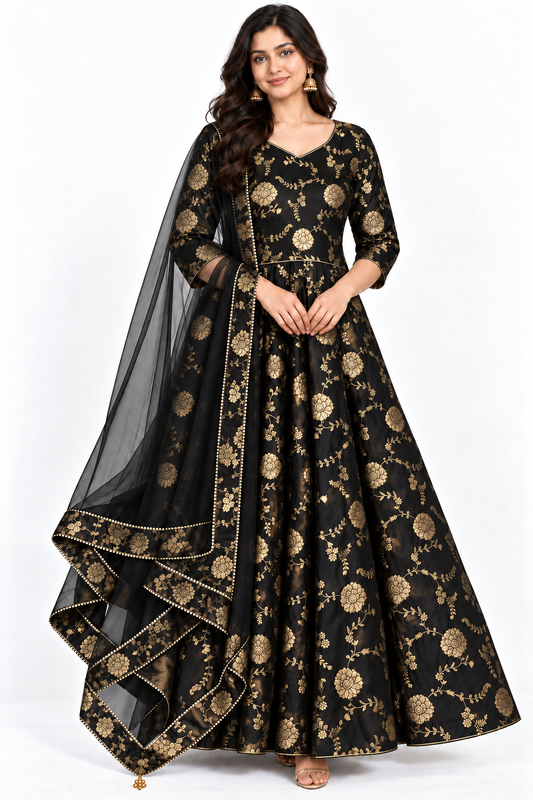 Black Dola silk jacquard Anarkali dress with gold floral pattern and matching sheer net dupatta