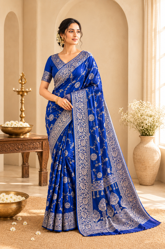 Royal blue Dola silk saree with gold zari floral weaving, broad woven border, and matching blouse