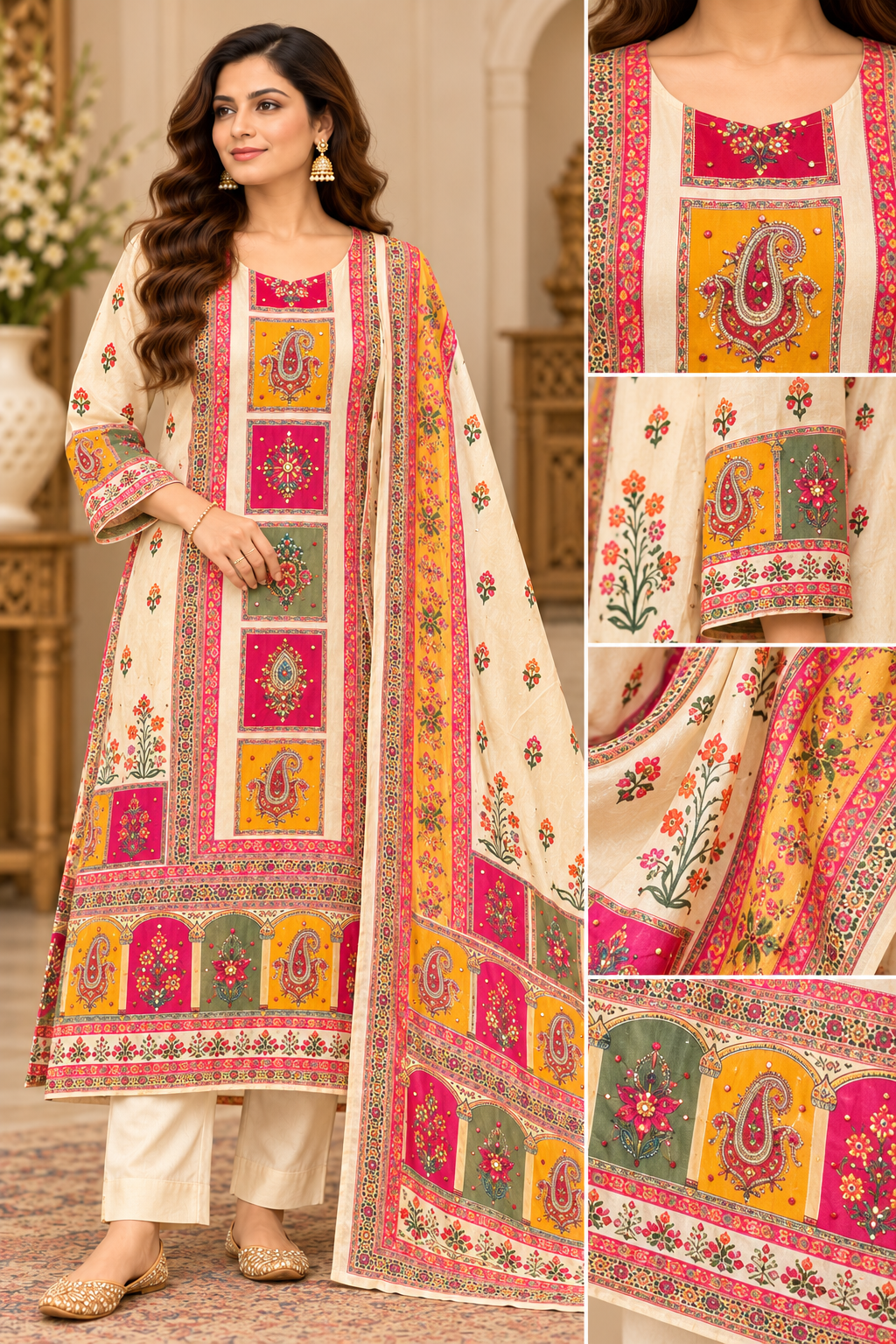 Butter cream crepe silk printed kurta pant set with colorful paisley and floral motifs, embellished neckline and four-side border dupatta