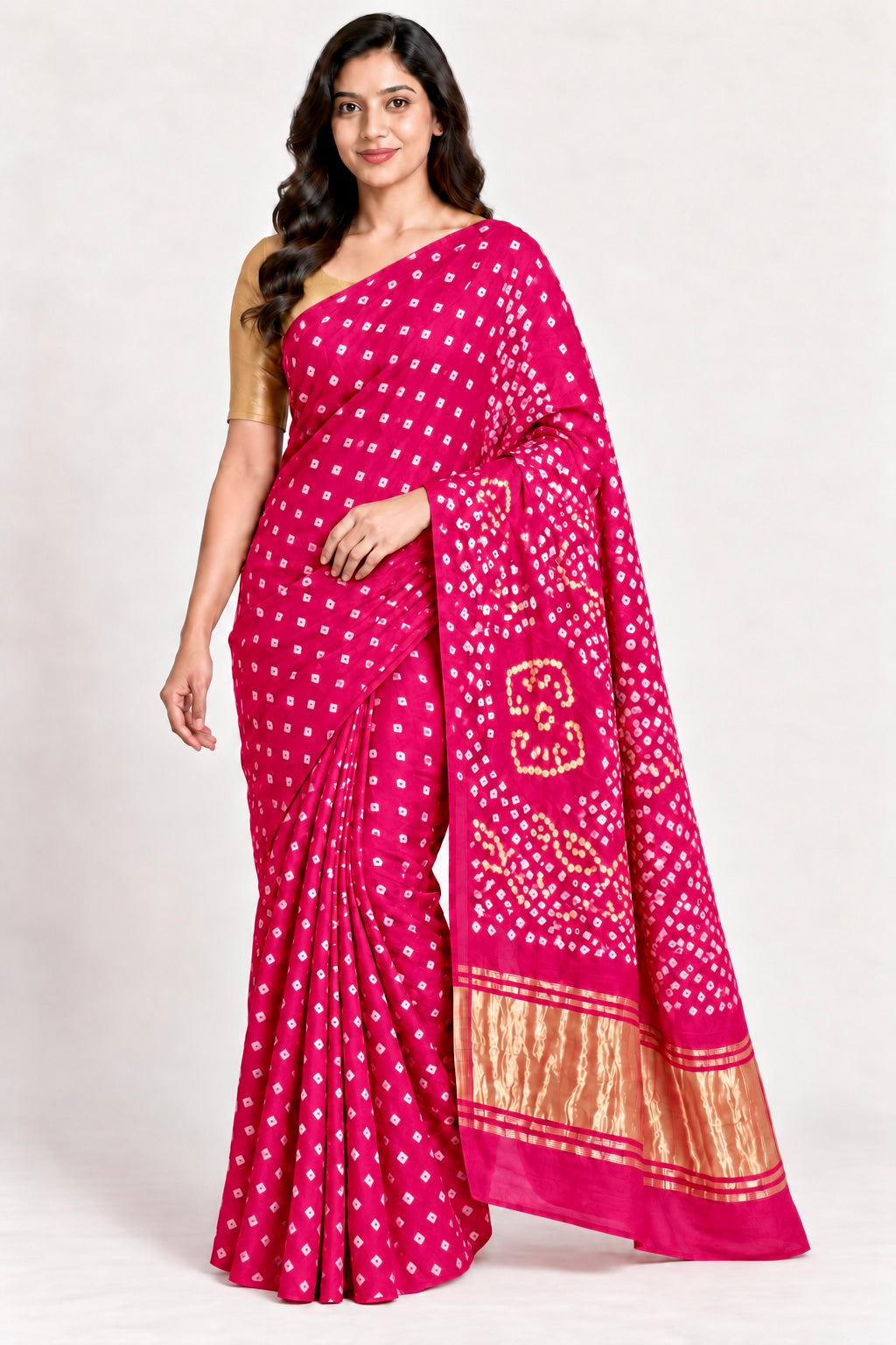 Pink Bandhani Gajji Silk saree with white motifs and wide gold zari border