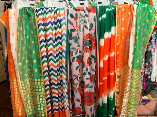 Collection of unisex tricolor Georgette scarves featuring zigzag, tie-dye, and floral designs.