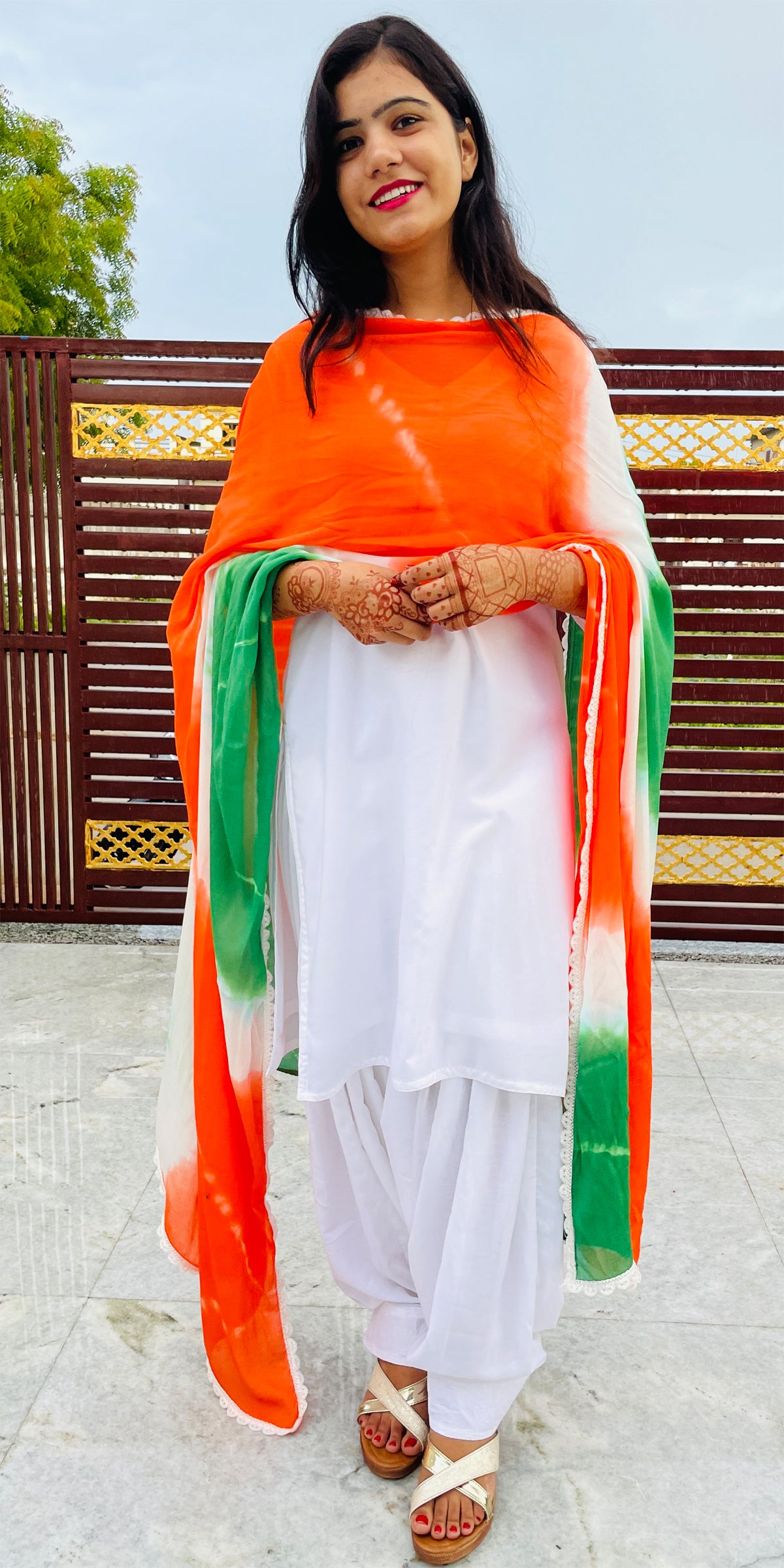 White Muslin Patiala Salwar Kameez with Tri color Dupatta (Hand