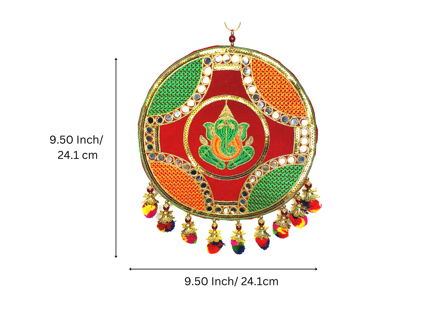 Sitting Shri Ganesh with Tassels and MirrorWork Colorful Wall hangings Pooja Festive Home door decoration