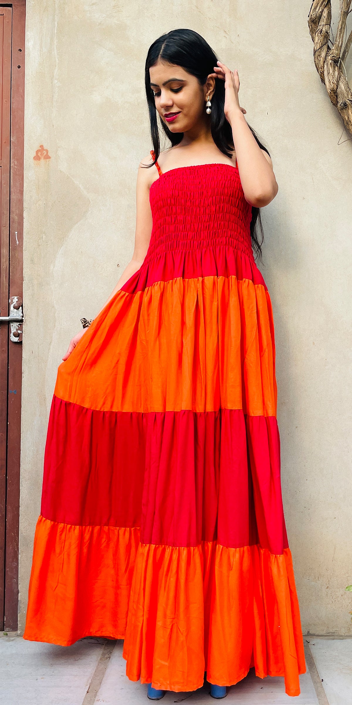 Orange Pink Tiered Long Dress Summer Maxi Dress With Straps