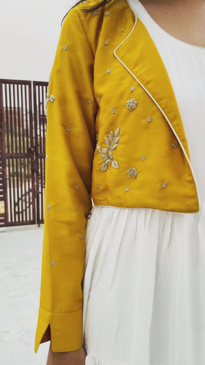 White Flared Pure Muslin Long Dress , with Mustard Hand embroidered Jacket