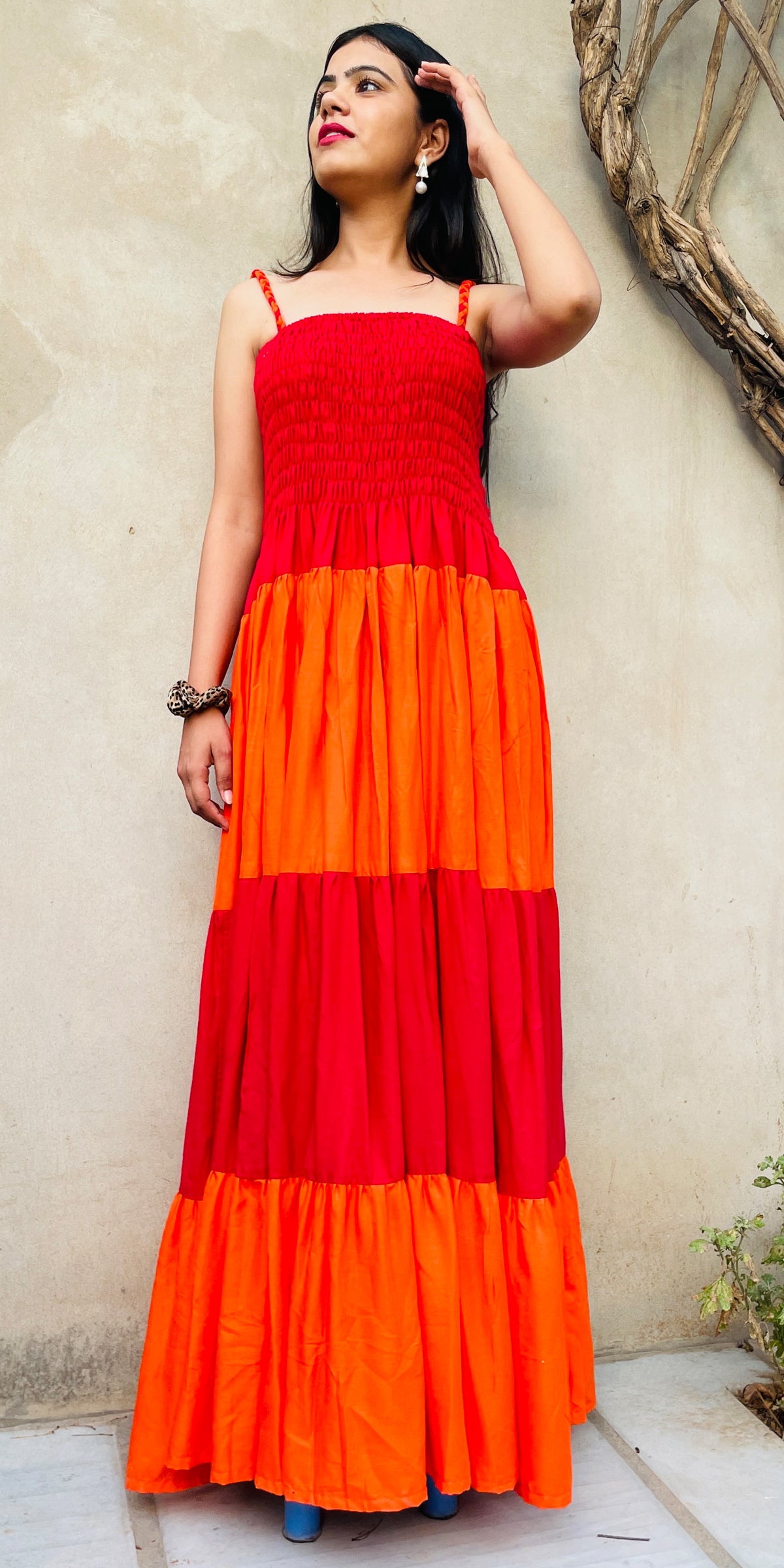 Orange Pink Tiered Long Dress Summer Maxi Dress With Straps Orange Pink Tiered Long Dress Summer Maxi Dress With Straps