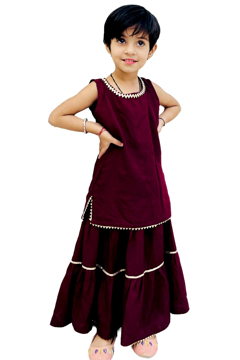 Maroon Lehenga Kurti , Skirt Long top, With Fancy Border. Kids Partywear, Diwali Dress, Handmade