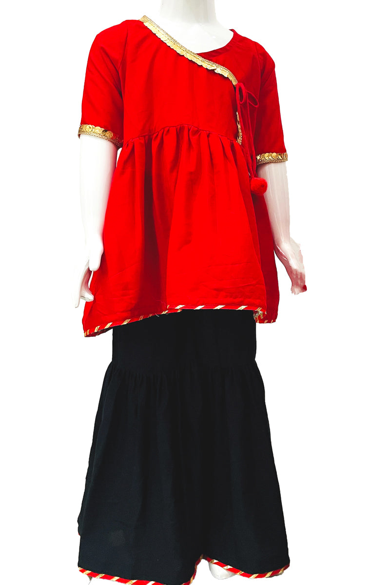 Red Rayon Angrakha top and Black Sharara Set, Indian Ethnic kids wear, Diwali kids dress, Wedding kids wear, Girls Dress, Kids partywear