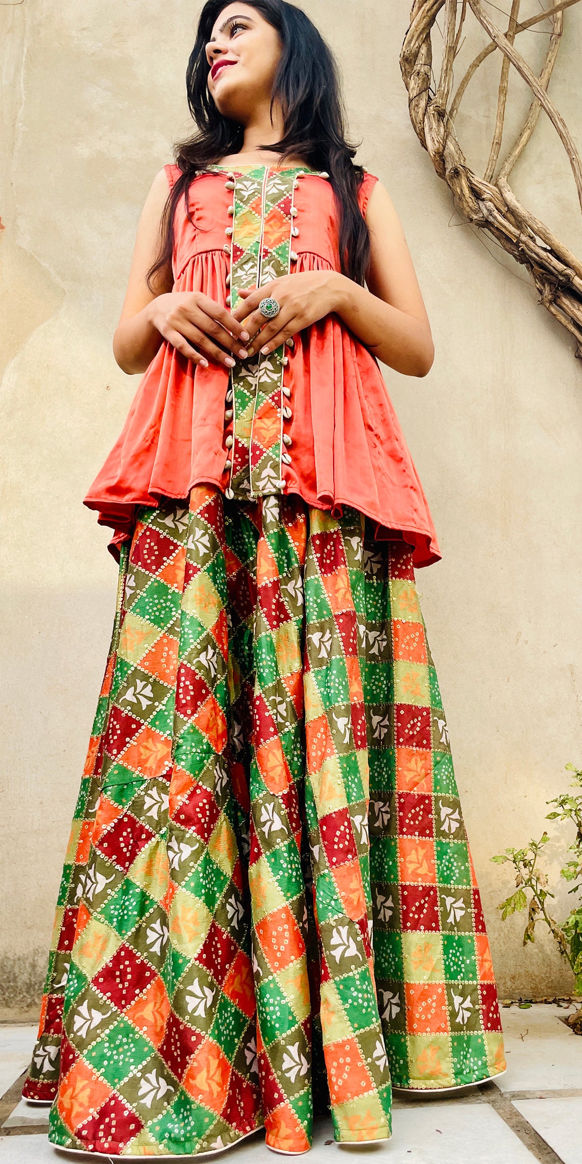 Light Green and Peach Embroidered Silk Skirt with Long Kurti Set CNP Associates LLC Light Green and Peach Embroidered Silk Skirt with Long Kurti Set CNP Associates LLC