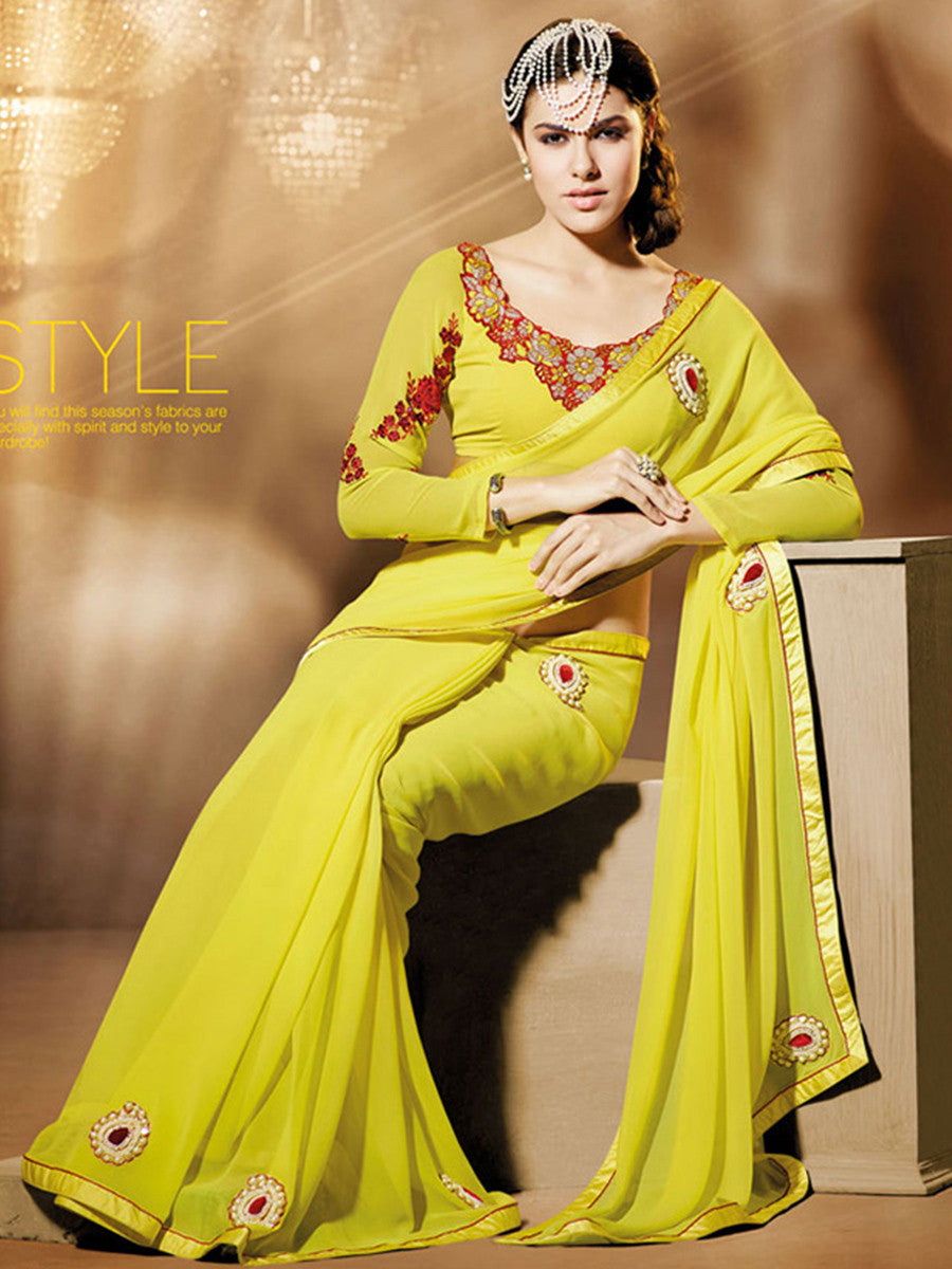 Indian Ethnic wear Saree, Indian Pooja dress, yellow Embroidered Saree, yellow Georgette Saree, Traditional Indian Saree in USA, Red blouse with Saree, Bollywood style saree, Partywear Saree, Pooja Dress, Pooja Saree,