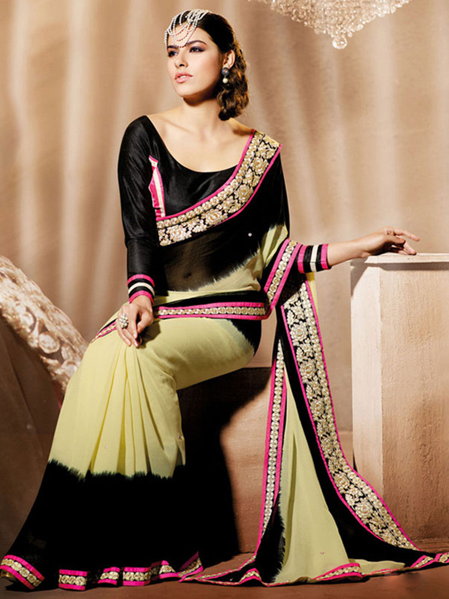 Heavy Border Saree, Indian Ethnic wear Saree, Indian Pooja dress, yellow Embroidered Saree, Black Georgette Saree, Traditional Indian Saree in USA, Black blouse with Saree, Bollywood style saree, Partywear Saree, Sari for Young Girls, Bride to be saree, Bridesmaid Saree