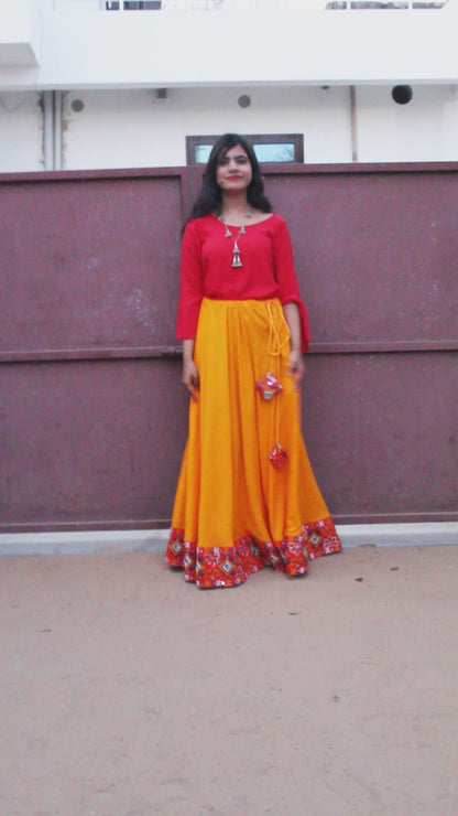 Yellow mustard color Gujarati Lehenga Skirt with Pendent Tie