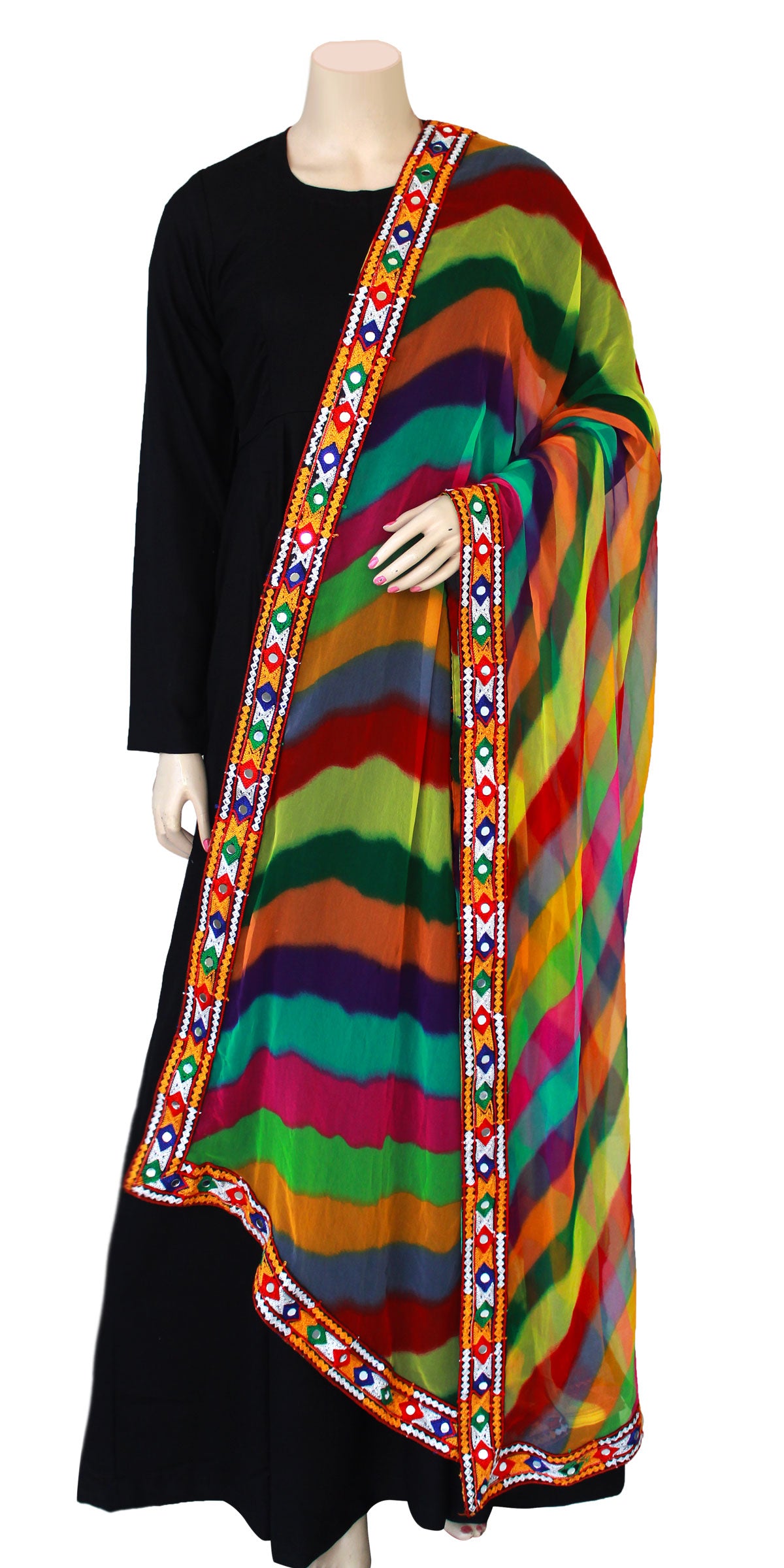 Pure Chiffon multicolor Hand Tie n dye Dupatta with Gujarati work Border|Ethnic Indian Rajasthani Traditional and High Quality Dupatta ACD21750
