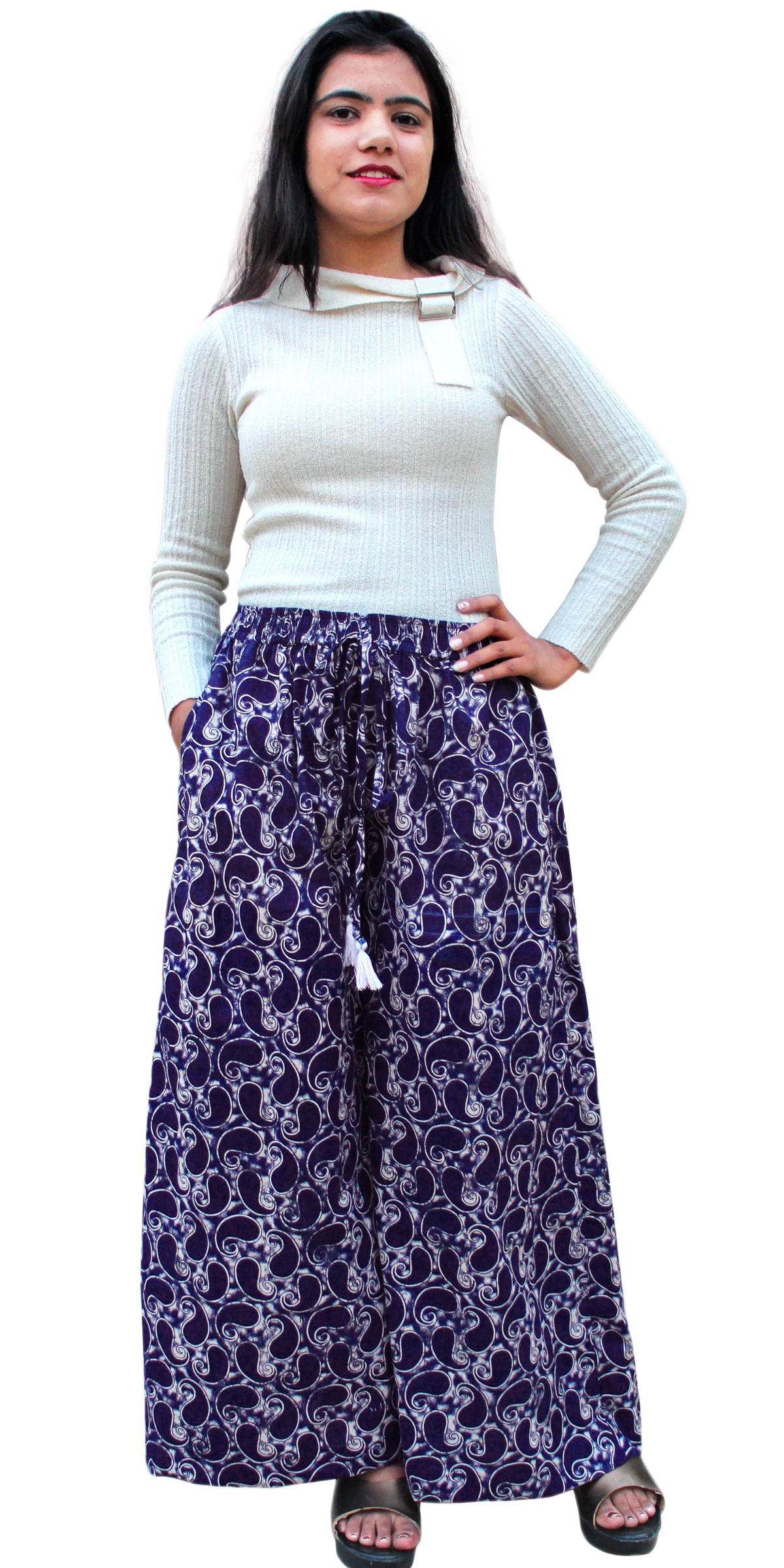 Blue & white Paisley Batik Print Cotton Palazzo Pants