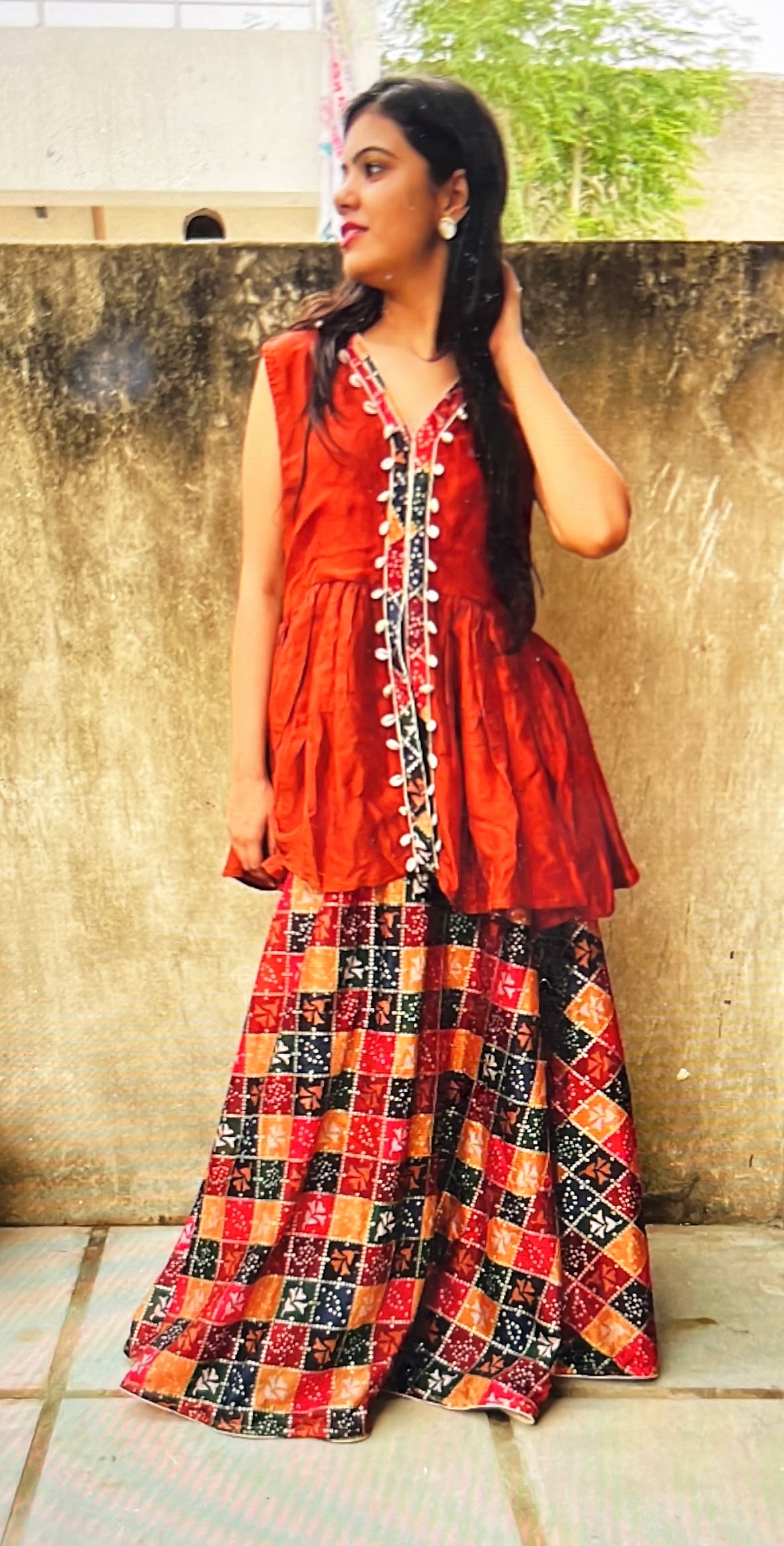 Red and Black Silk Embroidered Sharara Dress, Mehendi Sharara Dress, Gujrati embroidered Palazzo DRESS, Position print Dupatta with Short kurta and Flared Palazzo, Garba Dress