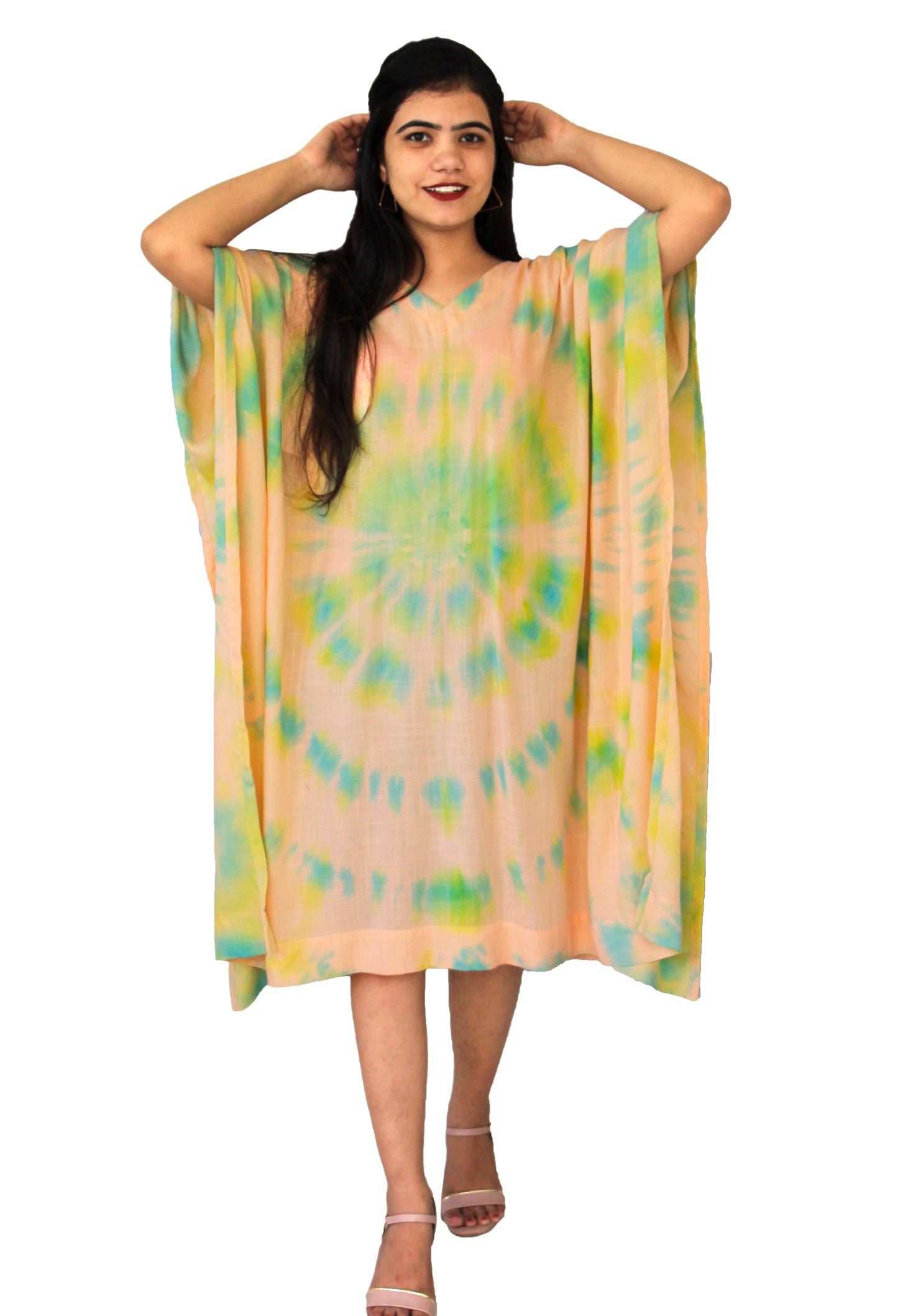 Tie & Dye Rayon Slub Kaftan/caftan Dress Peach color Boho Chic Fashionable Evening Comfortable Maternity