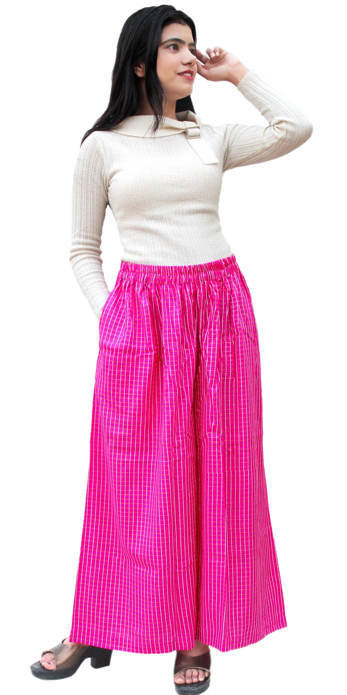 Hot Pink Hand Print Rayon Palazzo Pants/Trousers