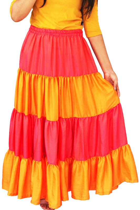 Pink & Orange Viscose Silk Ankle Length Skirt Comfortable Elastic Waist Flared Layer - AVS21287