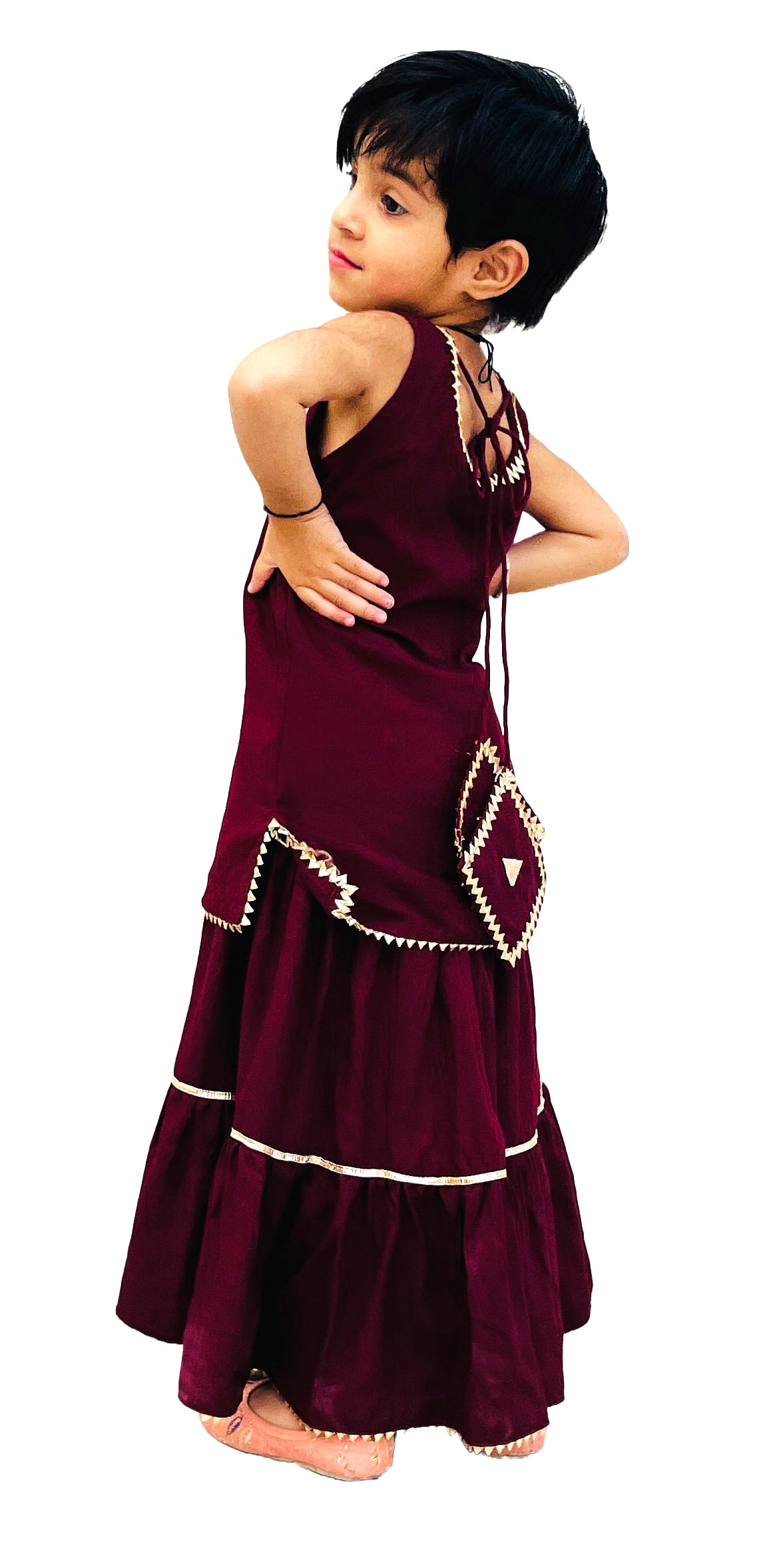Maroon Lehenga Kurti , Skirt Long top, With Fancy Border. Kids Partywear, Diwali Dress, Handmade