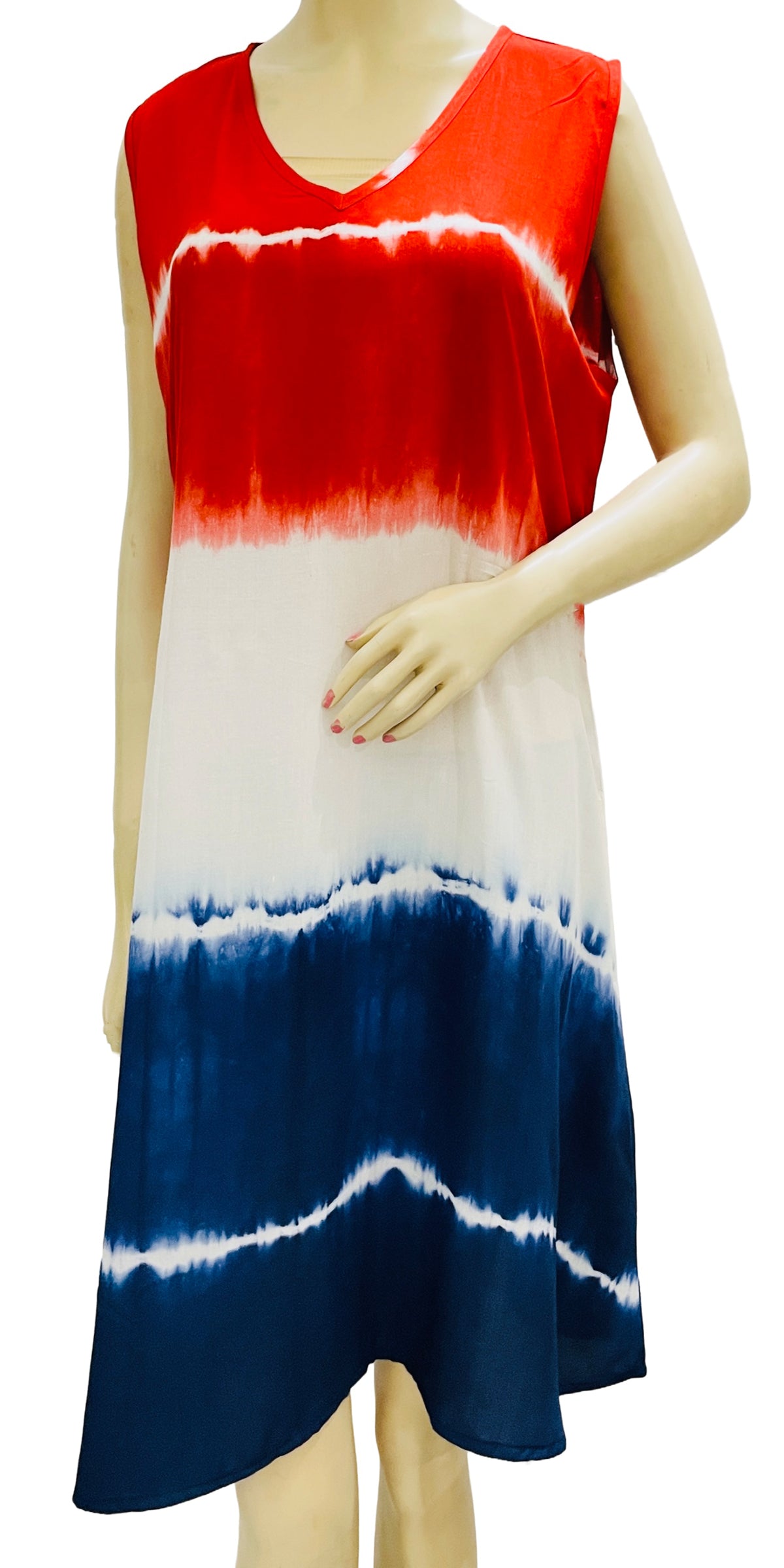 Red Blue White Short Dress Rayon Summer Hand Tie dye, American Flag Co Red Blue White Short Dress Rayon Summer Hand Tie dye, American Flag Co