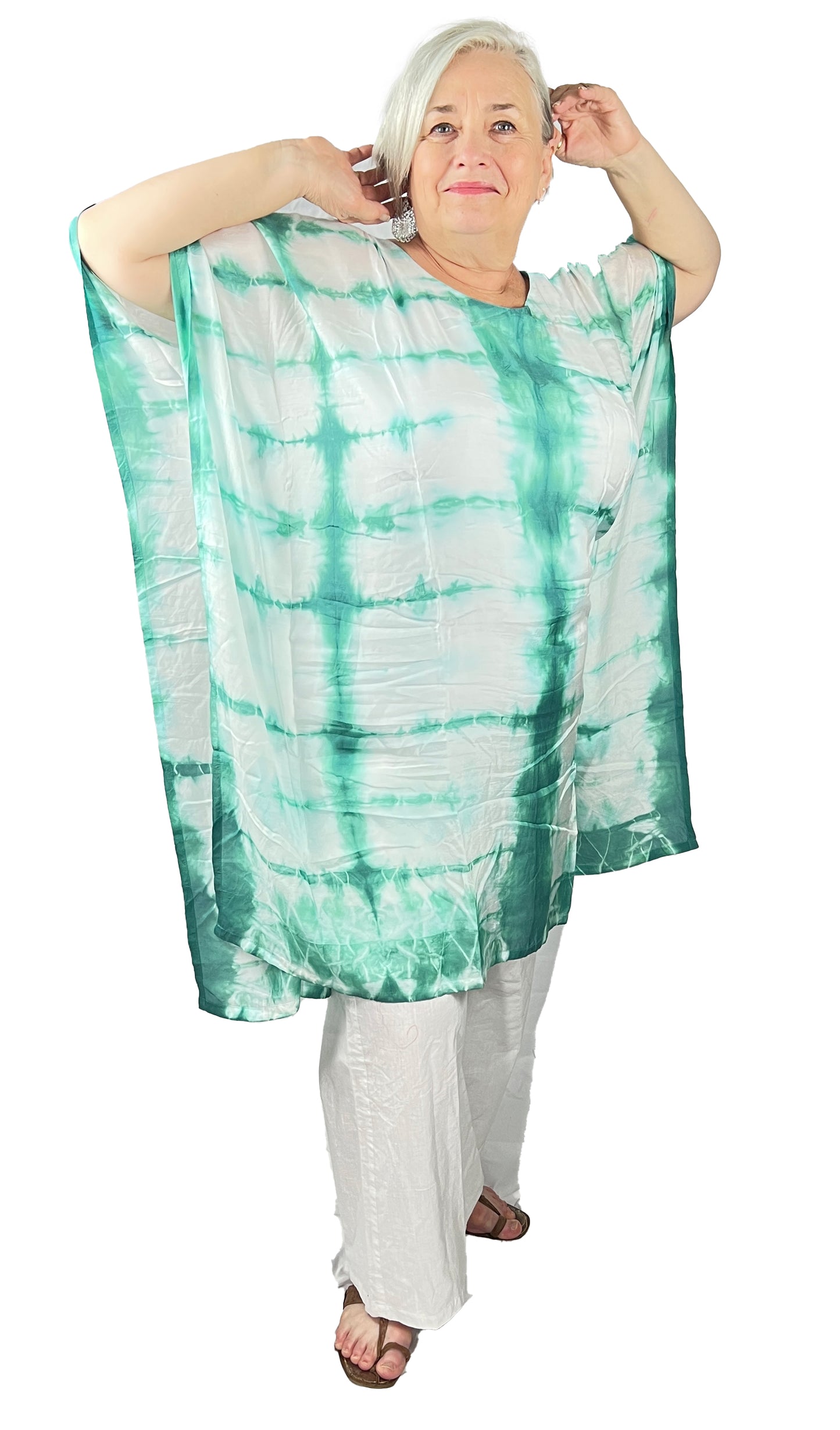 Hand Tie dye Pure Muslin Kaftan, Turquoise and White Knee length Kaftan