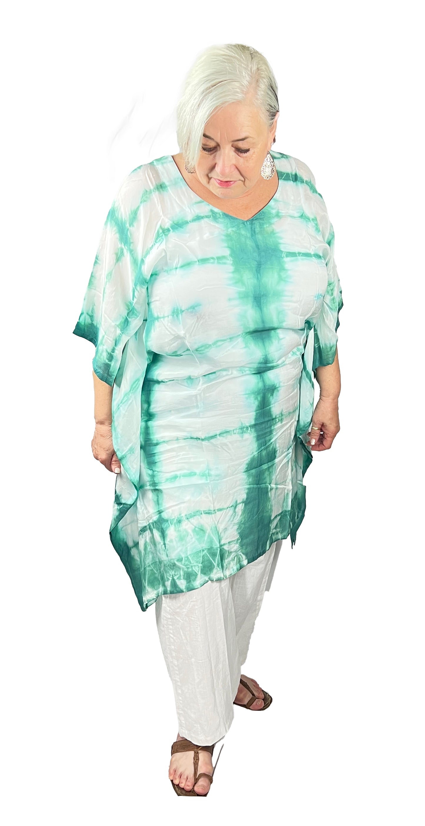 Hand Tie dye Pure Muslin Kaftan, Turquoise and White Knee length Kaftan